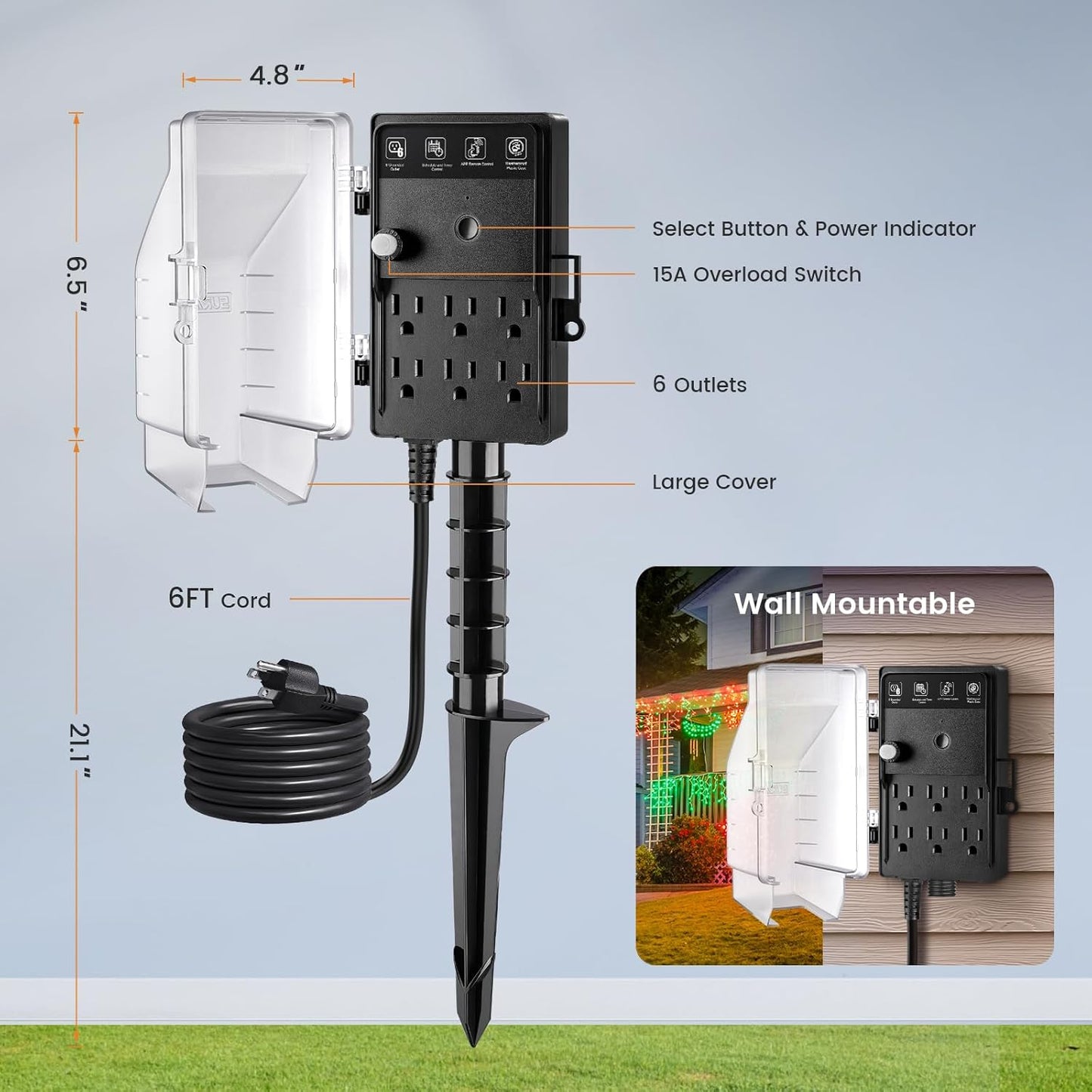 SURAIELEC Zigbee Outdoor Power Stake Timer Waterproof Smart Plug, 6 Outlets | Power Strip Weatherproof Light Timer Switch, 6FT Extension Cord, Alexa/Google Assistant Compatible, Hue Bridge Required