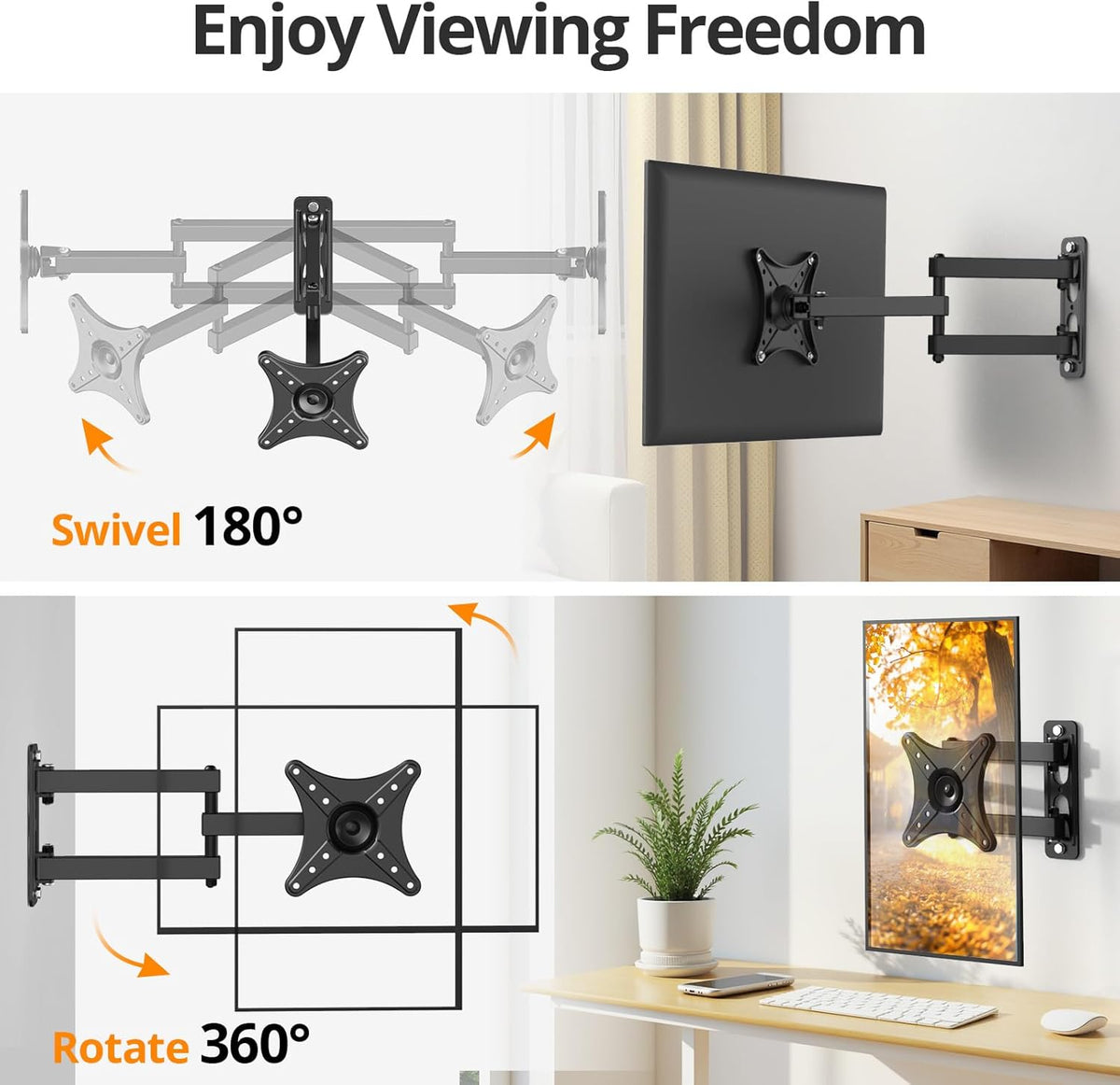 Full Motion TV Monitor Wall Mount Bracket for Most 13-32 Inch LED LCD Flat Curved Screen, Max VESA 100x100mm up to 33lbs, 360° Rotation Swivel Tilt Extension，Adjustable Articulating Arms