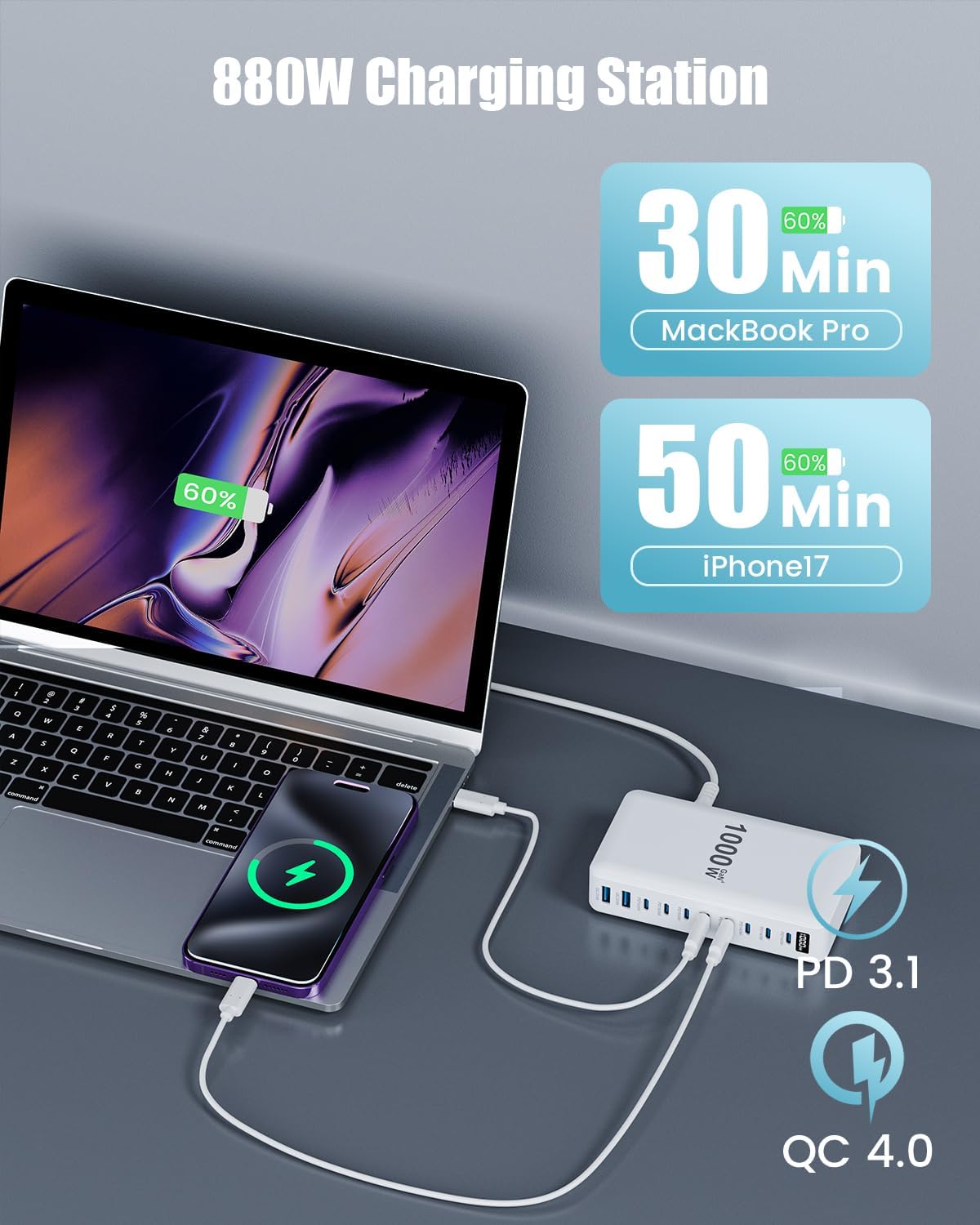 1000W USB C Charger Block,10-Port USB C GaN Multiple Port Charging Station
