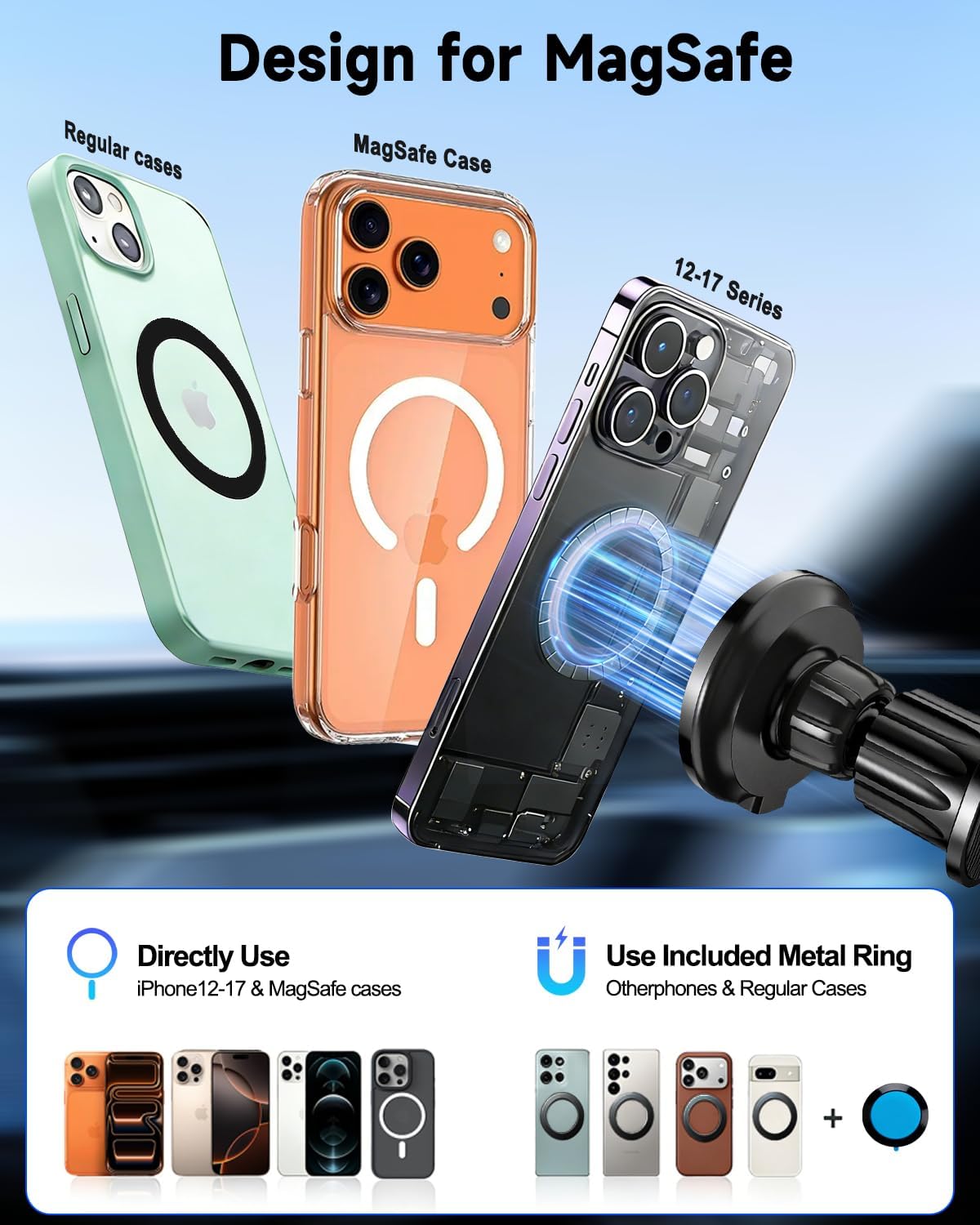 for MagSafe Car Mount Charger 15W Fast Magnetic Wireless Car Charger Holder | [3000gf Ultra Magnet] Magnetic Phone Holder Charging for Your Car, 360° Vent/Dashboard Car Bracket Stand for iPhone & Android