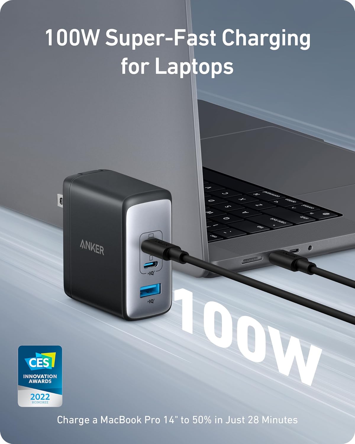 Anker Nano 100W MacBook Charger, 3-Port Fast Compact GaN USB Charger Block | With 1 Pack & 1 Cable for MacBook Pro/Air, Pixelbook, ThinkPad, Dell XPS, iPad Pro, iPhone 17 Series, Galaxy S23, and More