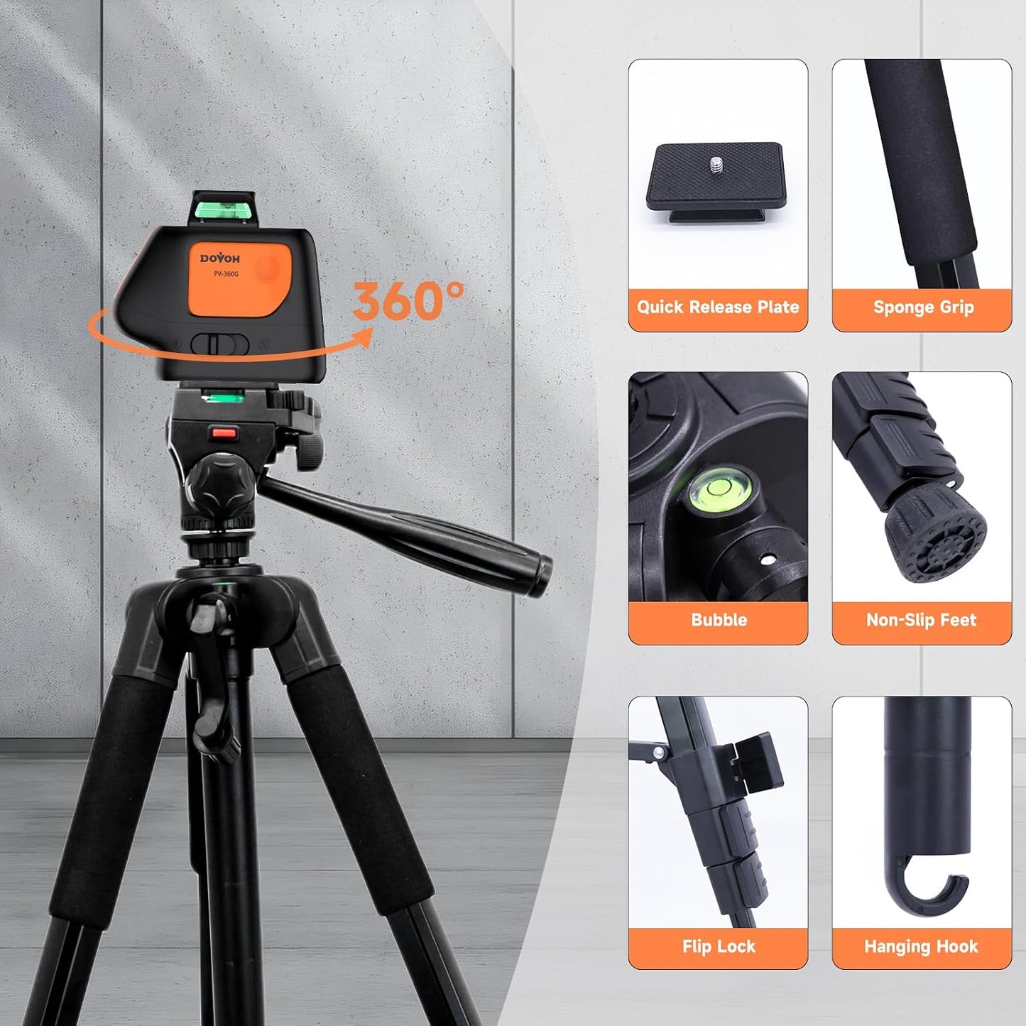 Plumb Dot Laser Level with Tripod, 360 Degree, PV-360G-KIT | 2 Plumb Points, Self Leveling, Rechargeable, Green Beam, Entry Level, For Layout, Framing, HVAC, Plumbing, Construction