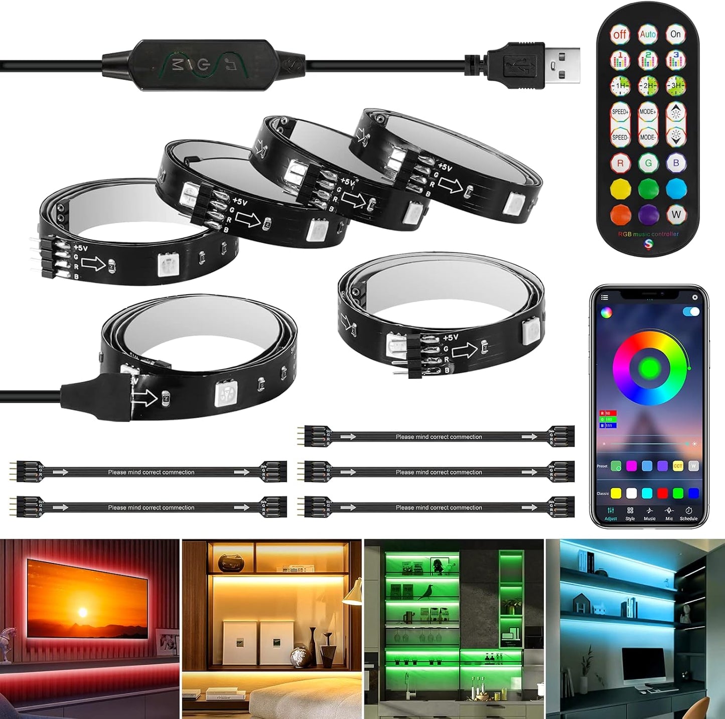 RGB LED Strip Lights 10ft/6 Pre-cut 1.64ft for 43-65 Inch TV Backlight | Color Changing Strip Light Music Sync, Remote,App Control,USB Powered Bias LED Lighting for Gaming Bedroom PC Monitor Cabinet