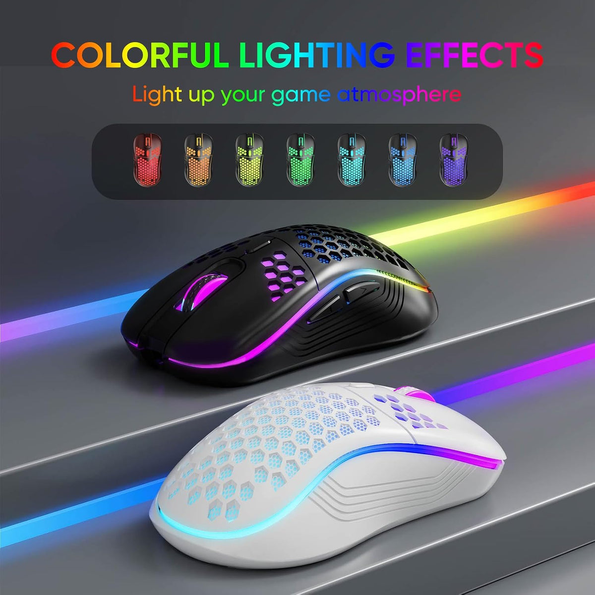 MELOGAGA Wireless Gaming Mouse RGB Rechargeable Lightweight Honeycomb White | 7-Color LED Light, 4 DPI Levels, USB-C Recharge & Stable 2.4G Wireless for PC Mac Laptop Desktop Computers
