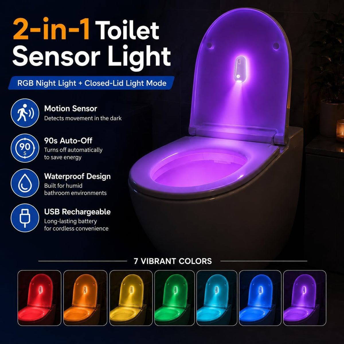 Motion-Activated UV Toilet Light with Motion Sensor, Rechargeable Automatic LED Night Light for Bathroom Bowl, Adhesive Mounted Smart Lighting for Toilet (1 Pack)
