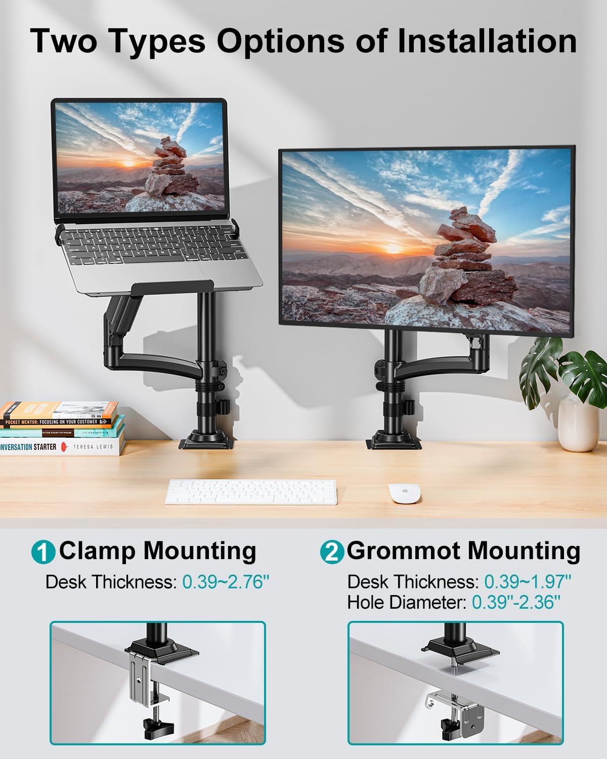 MOUNT PRO Laptop Arm Desk Mount, Single Monitor Stand with VESA Laptop Tray, Adjustable Lap Top Holder for Max 22lbs 17" Notebook &amp; 32" Computer Screen, Swivel Notebook Bracket, Clamp on/Grommet Base