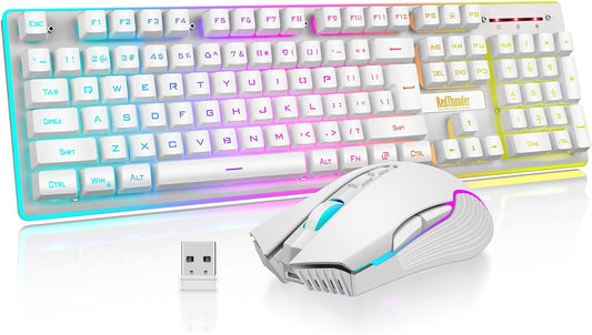 RedThunder K10 Wireless Gaming Keyboard and Mouse Combo, LED Backlit Rechargeable 3800mAh Battery, Mechanical Feel Anti-ghosting Keyboard + 7D 3200DPI Mice for PC Gamer (White)