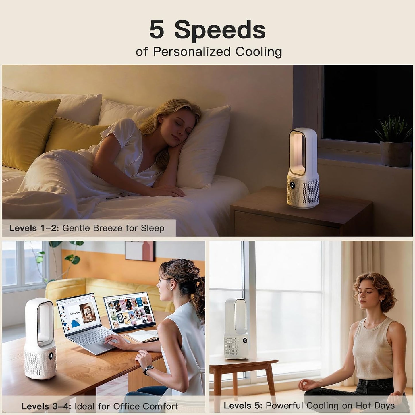 let'me Bladeless Desk Fan Small Quiet,5-Speed Bedside Table Fan with 3-Level Brightness Night Light, 72° Oscillation, 9-Hour Timer, Wired Power with Adapter,Fan for Bedroom Office Home,13x5 Incn