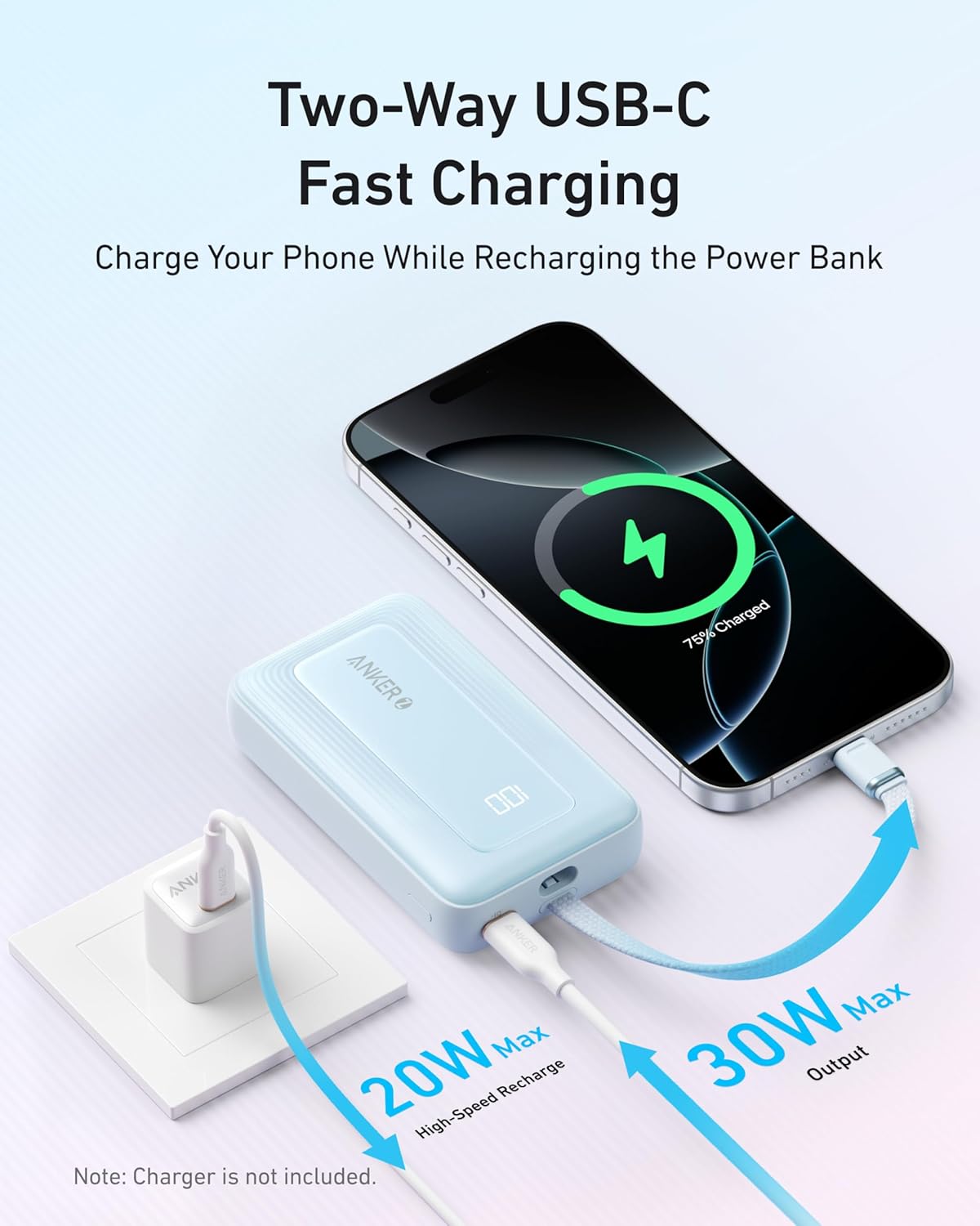 Anker Power Bank,10,000mAh 30W with USB-C Travel Essential Portable Charger | 30W Portable Charger with USB-C Input and Output, Travel-Essential Phone Power Bank for iPhone 17 / 16, Galaxy, and More