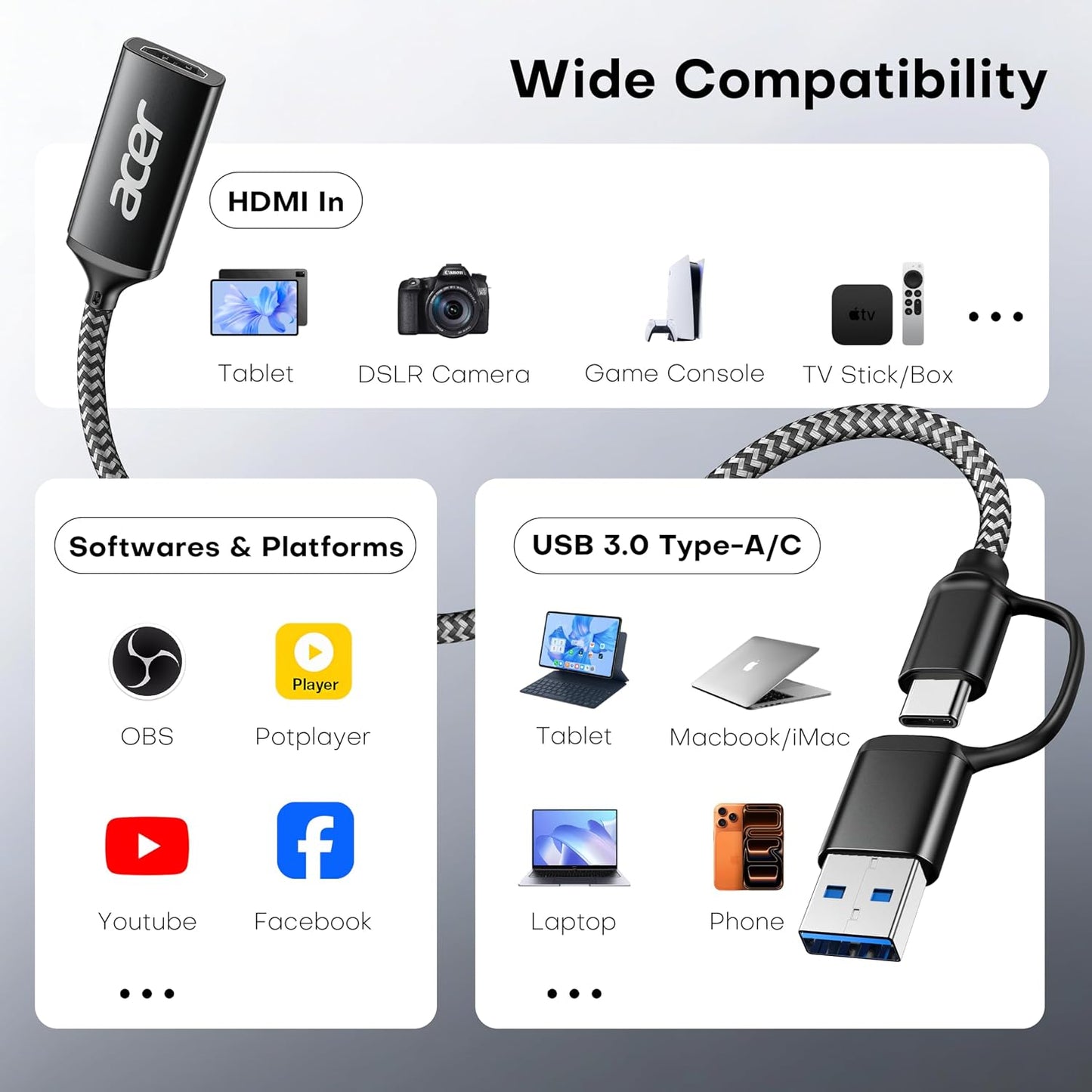 acer Capture Card for Streaming, HDMI to USB 3.0 1080P 60FPS Video Capture | Plug and Play with Type-C & Type-A Ports, Compatible with iPad, macOS, Windows, Switch2, PS5/4, Quest3, Camera, OBS, Xbox