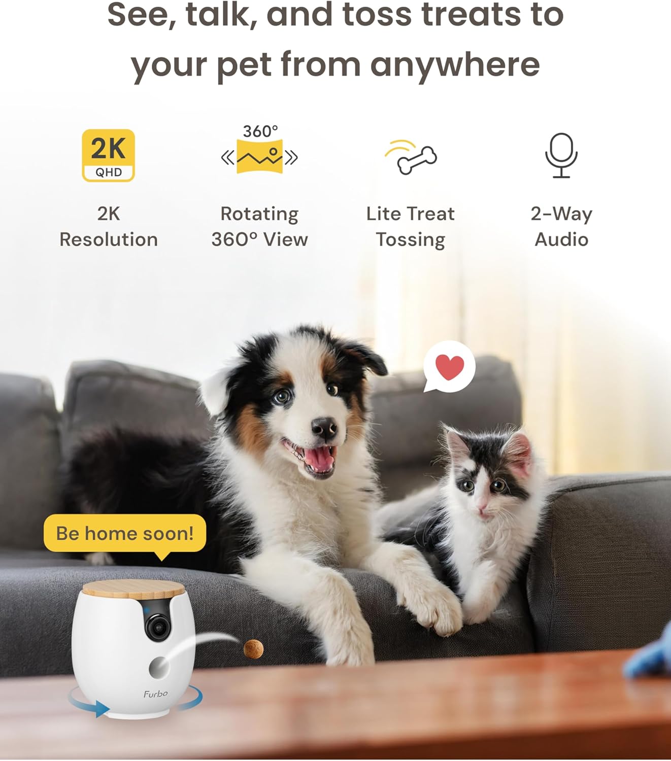 Furbo Mini 360° 2K QHD Pet Camera: Basic See, Talk & Toss Features, No AI Alerts, No Subscription Required, Dog & Cat Rotating Treat Dispenser w/Phone App, Smart Indoor Cam, 2-Way Audio & Night Vision