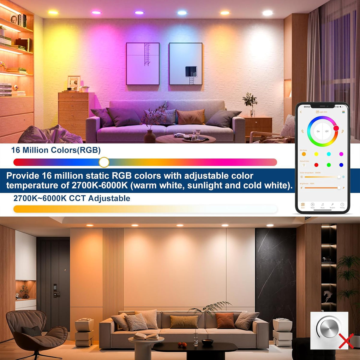 SikSog Smart Recessed Lighting 6 Inch RGBCW Color Changing 16W LED Downlight with Junction Box,1350 Lumen Recessed Ceiling Light Compatible with Alexa,Dimmable by Bluetooth Control -12Pack