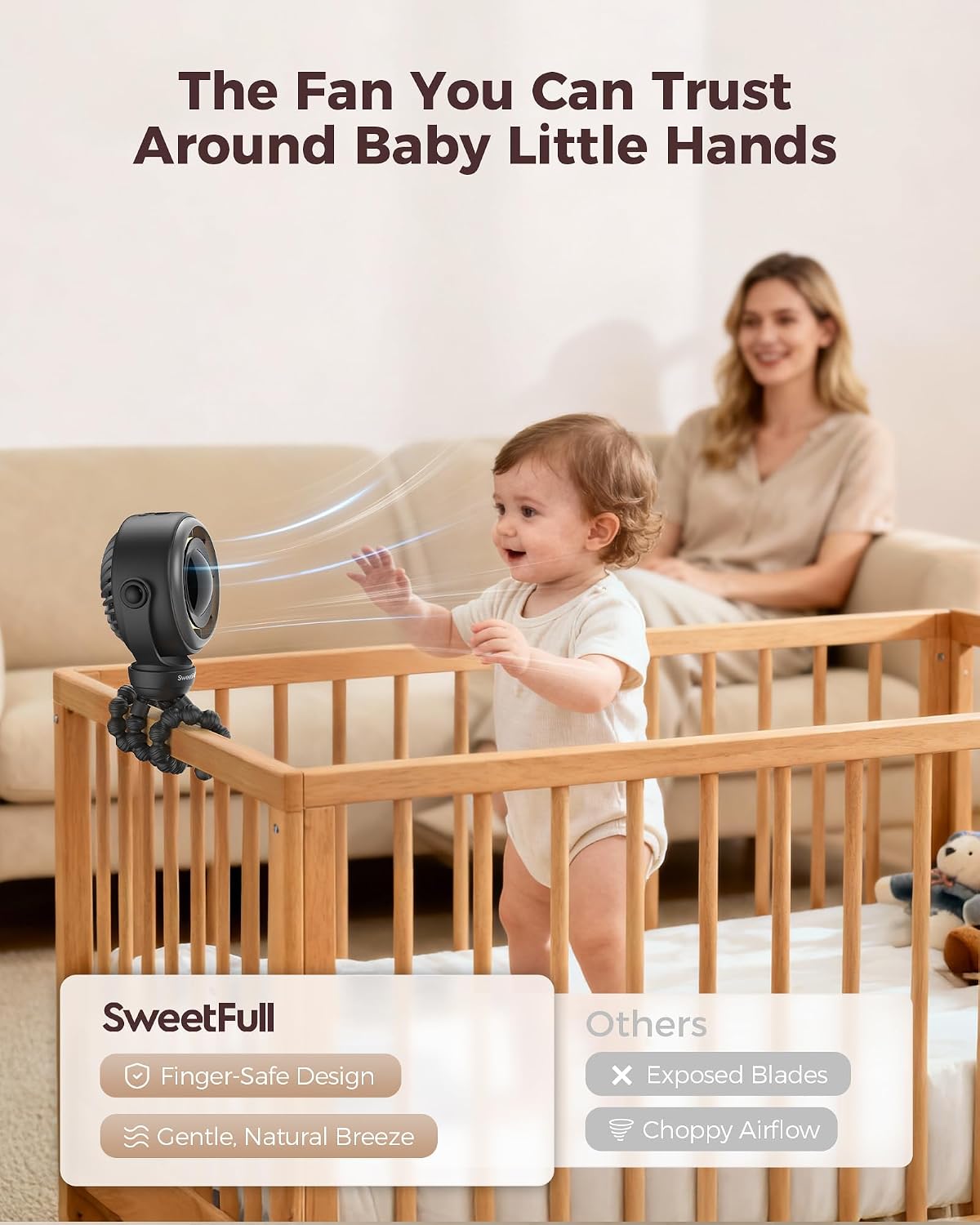 SWEETFULL Baby Stroller Fan, Safe Portable Fan, 15H Use, Nightlight - Black | Pinch-Proof Design; 4000mAh Rechargeable; Stable Mini Clip On Fan; 360° Adjustable; 4-Speed Quiet; LED Display; Car Seat Crib
