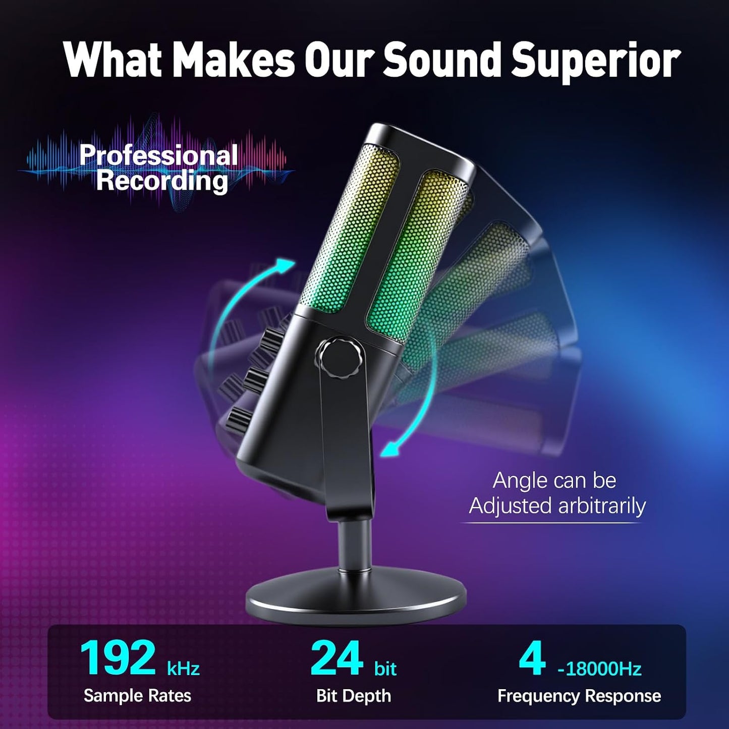 VCOM USB Microphone for PC, RGB Gaming Microphone with Mute Button, Gain Control, Monitoring Headphone 3.5mm Jack, PC Mic for Gaming, Streaming, Podcast, VoiceOver, Recording