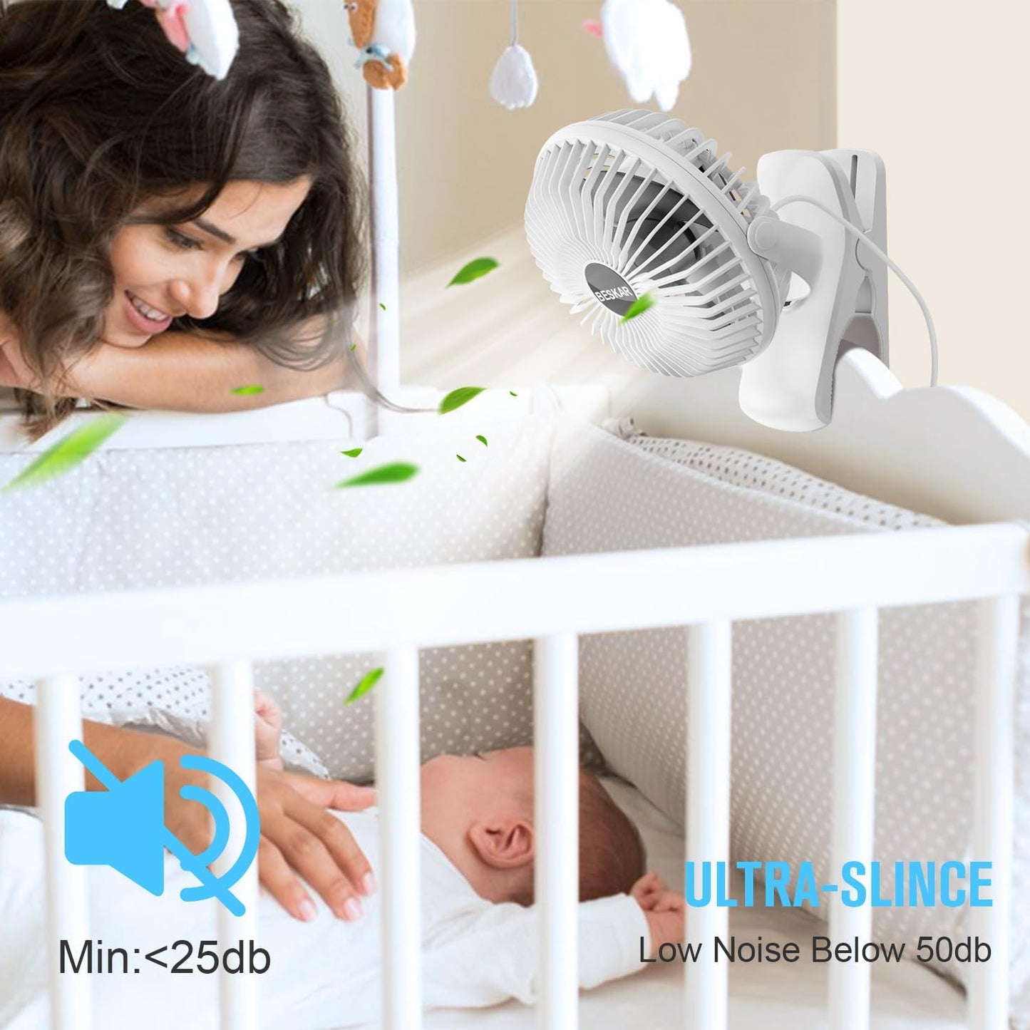 BESKAR USB Clip on Fan, Portable Small Desk Fan with Cord Powered | 3 Speeds Strong Airflow, Sturdy Clamp, Ultra Quiet Personal Cooling Fan for Office Dorm Bedroom Stroller