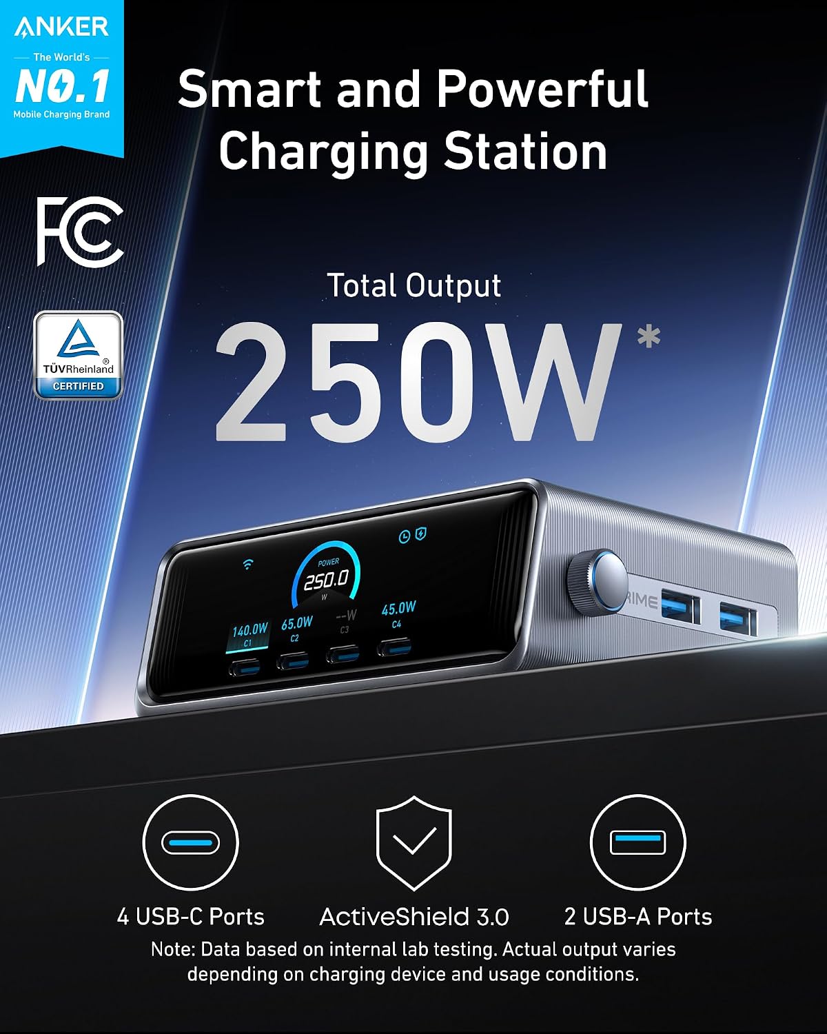 Anker Prime Charging Station, 250W 6-Port GaN USB C Charger | 2.26" LCD Smart Display Control, Compatible with iPhone, Galaxy, MacBook, Dell for Home Office, Gaming Desk Accessories
