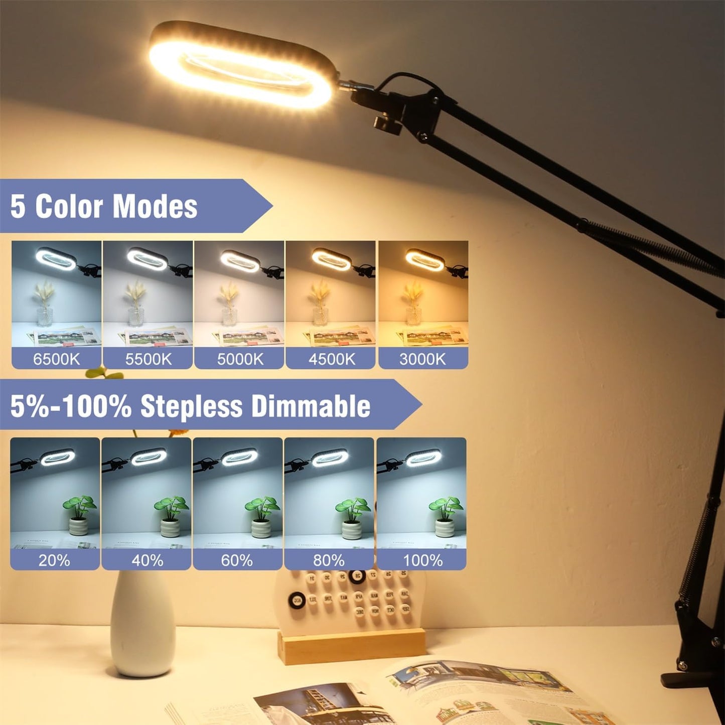 10X Large Magnifying Glass with Light and Clamp, Real Glass, 5 Color Modes, Stepless Dimmable, Lighted Magnifier with Stand Hands Free, LED Swing Arm Desk Lamp for Close Work, Craft, Reading, Painting