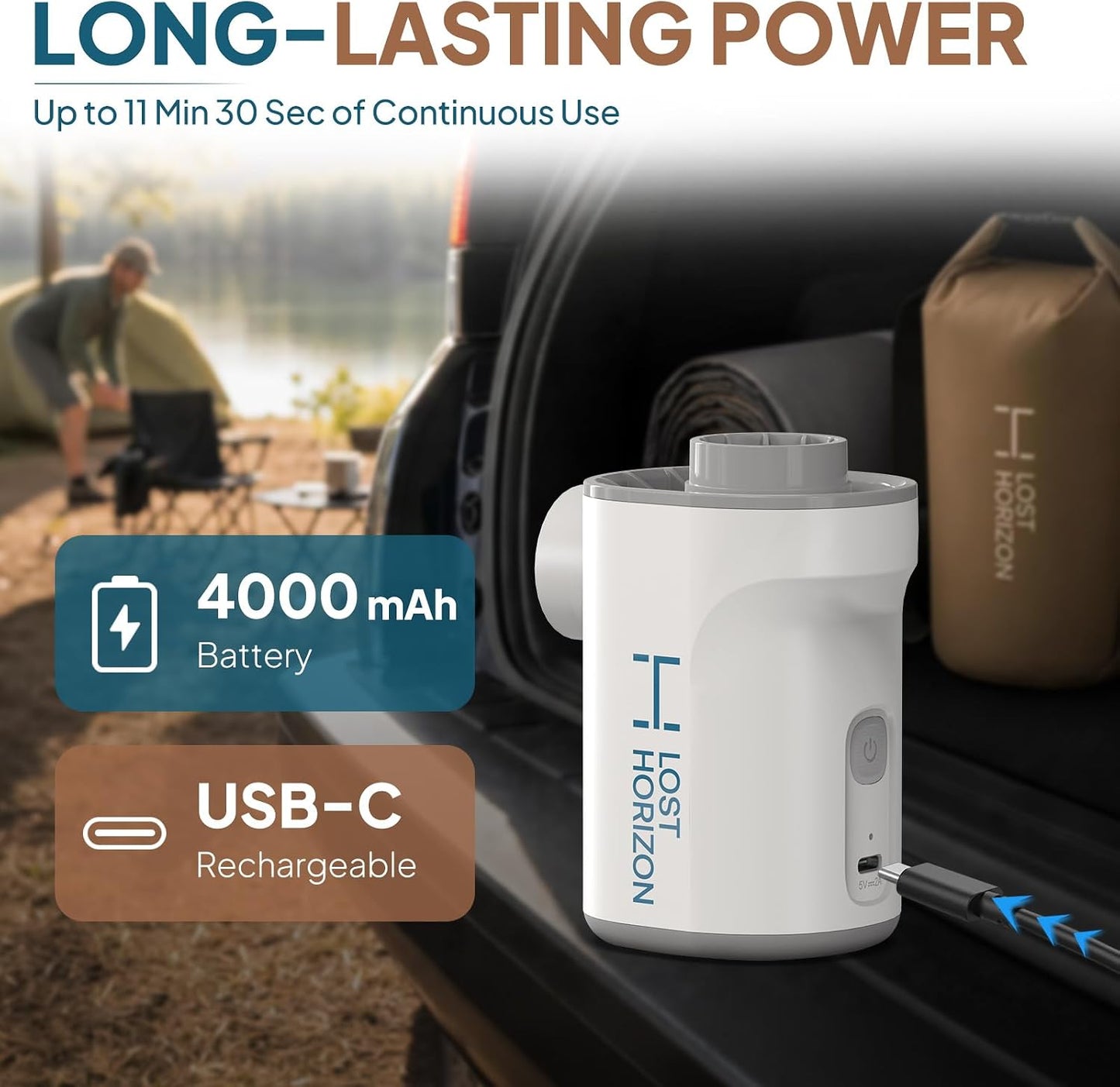 Lost Horizon Air Pump for Camping Mattresses, Inflate & Deflate | Designed for Lost Horizon Mattresses, Fast Setup & Pack-Up, Rechargeable, 4000mAh Battery