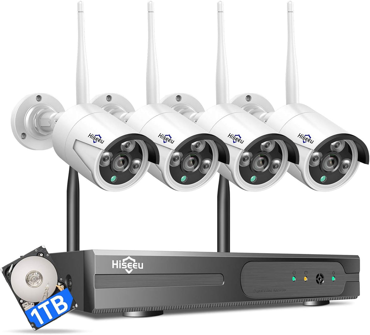 Hiseeu [100ft] Wireless WiFi Security Camera System, Wired Plug-in Powered, Expandable 16CH 4K NVR, 4Pcs 3MP Night Vision Cameras Home Surveillance Outdoor, Motion Detection, 1TB HDD, One-Way Audio