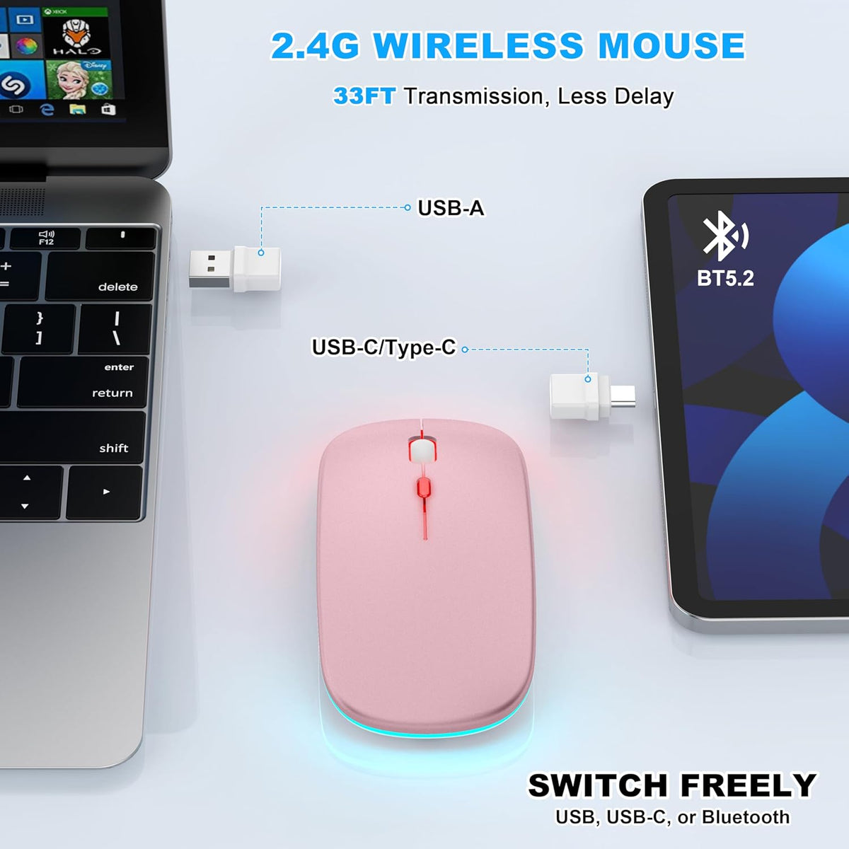 LED Bluetooth Wireless Mouse for MacBook Air Mac Pro Laptop iPad–Rose Gold | Rechargeable Silent Light-Up Optical Mouse with Jiggler Dual Mode BT5.2 & USB-A/USB-C for Students Kids Girls Boys