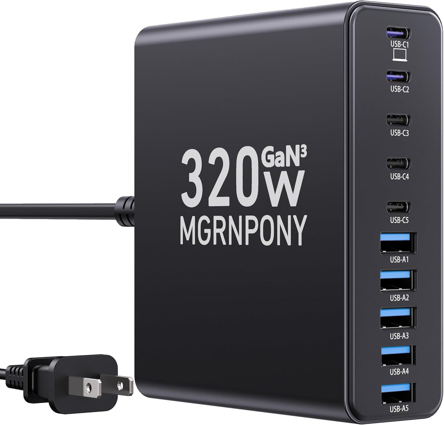 320W USB C Charger Block, 10-Port GaN USB C Charging Station Black | PD 65W Laptop Fast Charger Adapter for MacBook Pro/Air, DELL, iPad, iPhone, Samsung Galaxy