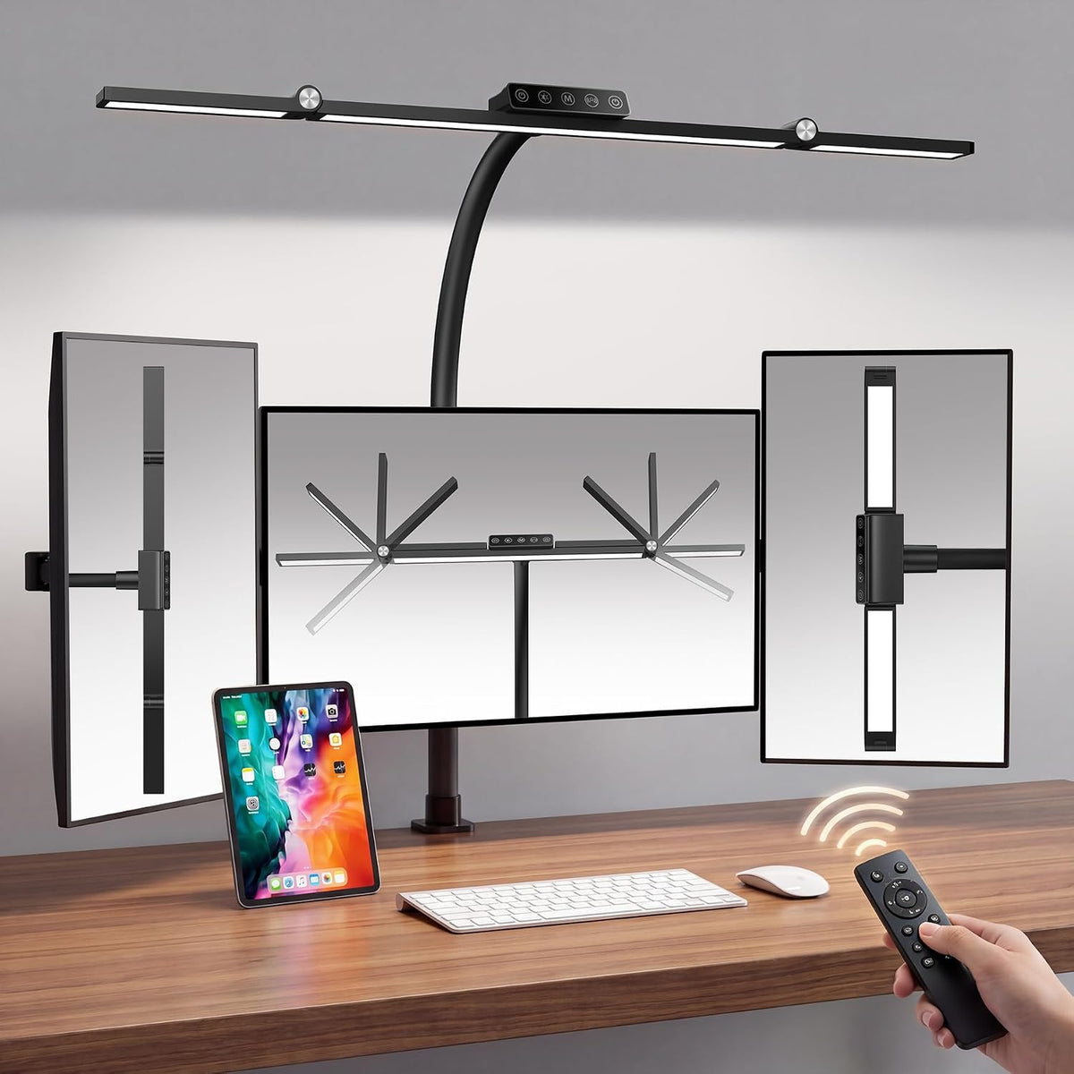 LED Desk Lamp with Clamp, 24W 3-Panel Light for Dual Monitors
