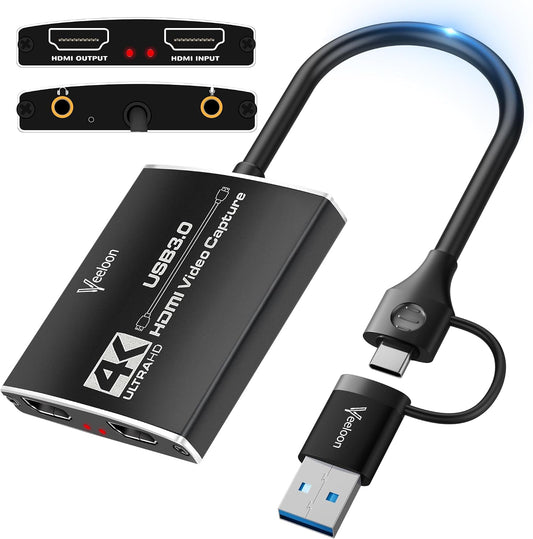 Audio Video Capture Card for Broadcasting,4K HDMI to USB C Capture Card with USB A 3.0 Adapter,1080P 60FPS, Work with iPad Mac OS Windows, Camera/Xbox/PS5/PC/OBS/DVDs,DSLR for Streaming