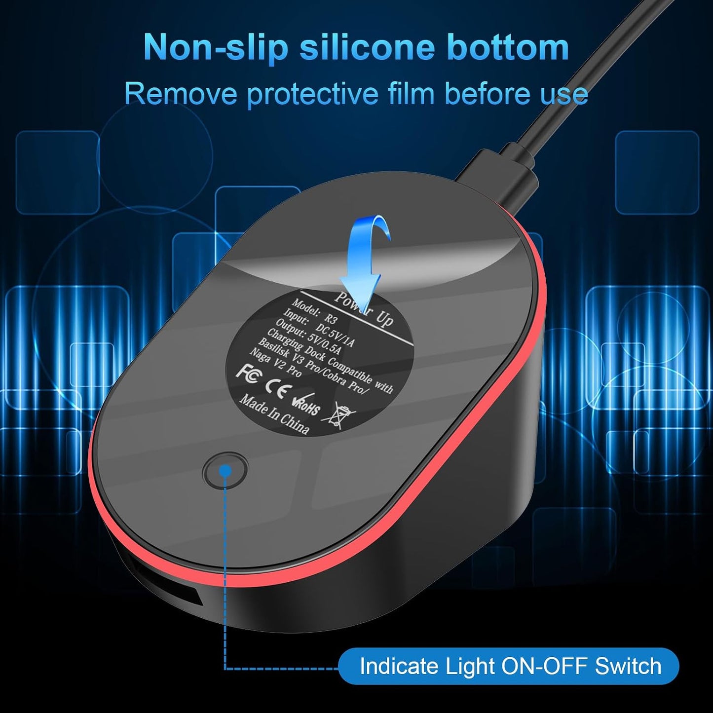 Compact Magnetic Computer Mouse Charging Dock R3 for Razer Basilisk V3 Pro, Cobra Pr, Naga V2 Pro, Auto Shut-Off, Switch LED Charge Status, Anti-Slip Base, 6.6ft Cable