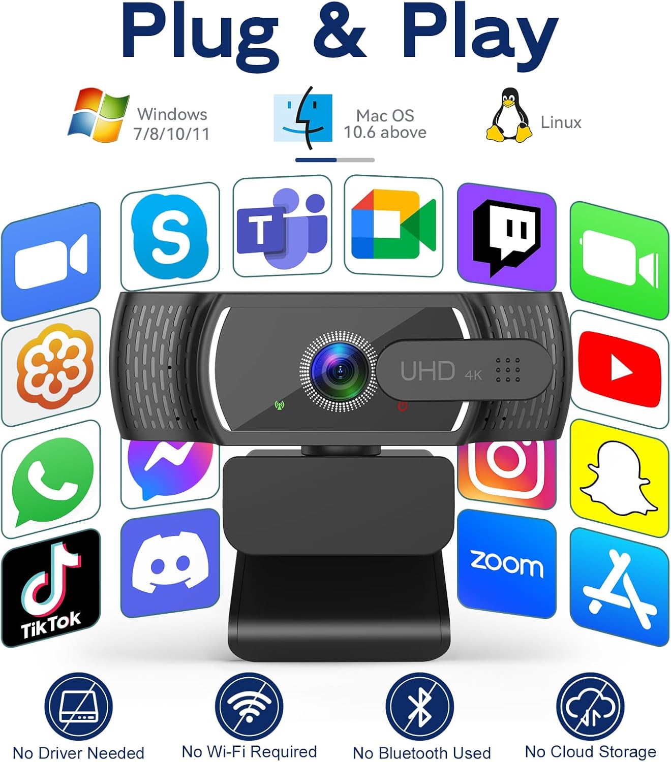 4K Webcam with Microphone for PC & Streaming Computer Camera | PDAF autofocus, dual noise-canceling mics & low-light correction. Best usb hd webcam for mac, laptop and smooth streaming.