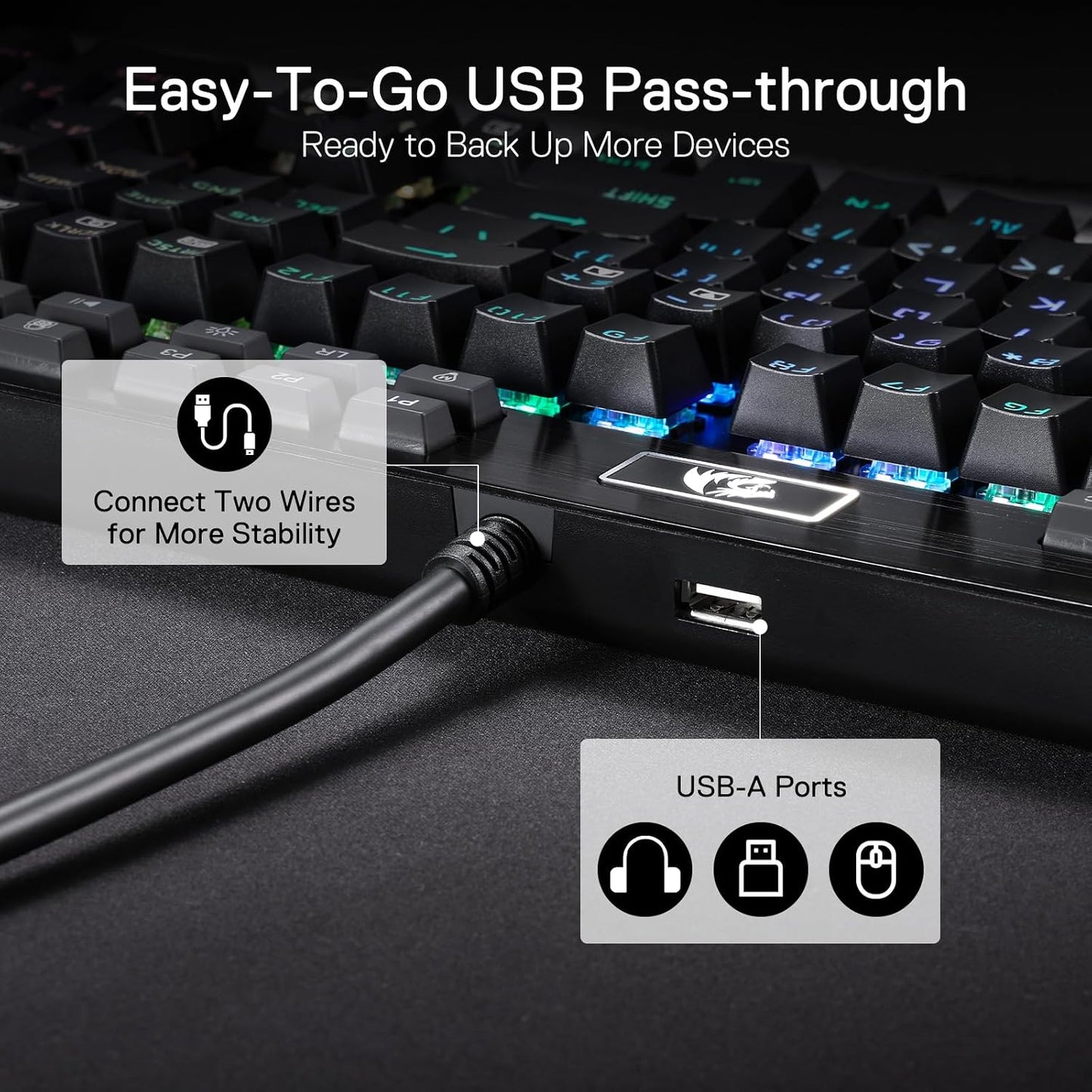 Redragon K550 RGB Gaming Keyboard, 104 Keys + 12 Macro G Keys Wired Mechanical Keyboard w/Aluminum Top Plate, Custom Clicky Purple Switch, Extra USB Port & Wrist Rest