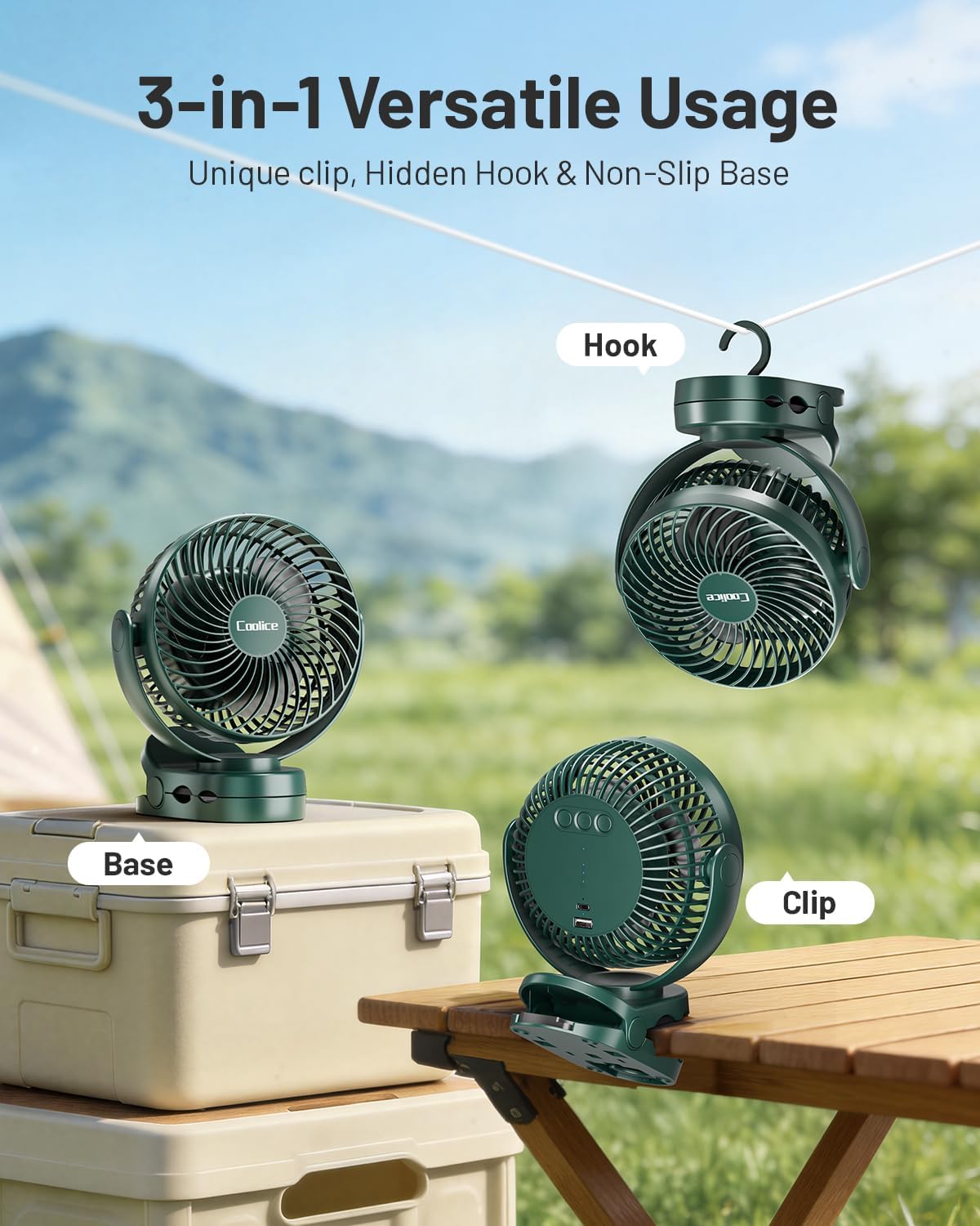 Camping Fan with Remote Control - 12000mAh Rechargeable Battery Powered Fan, Camping Fans for Tents with LED light & Hanging Hook, Rechargeable Battery Operated Ceiling Fans for Tent RV Bed, Green