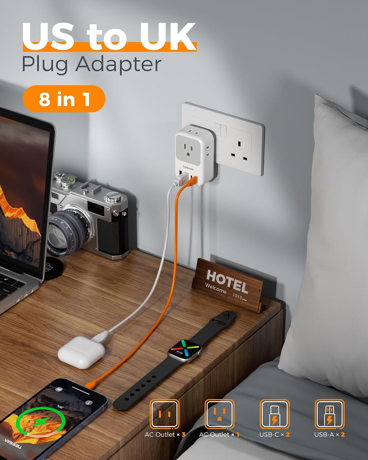 TESSAN Type G Adapter for Travel 2 Pack, PD 20W US to UK Plug Adapter | 4 AC Outlets, 4 USB Ports (2 USB C), Ireland Power Adaptor, USA to England London British Scotland Dubai Hong Kong Kenya