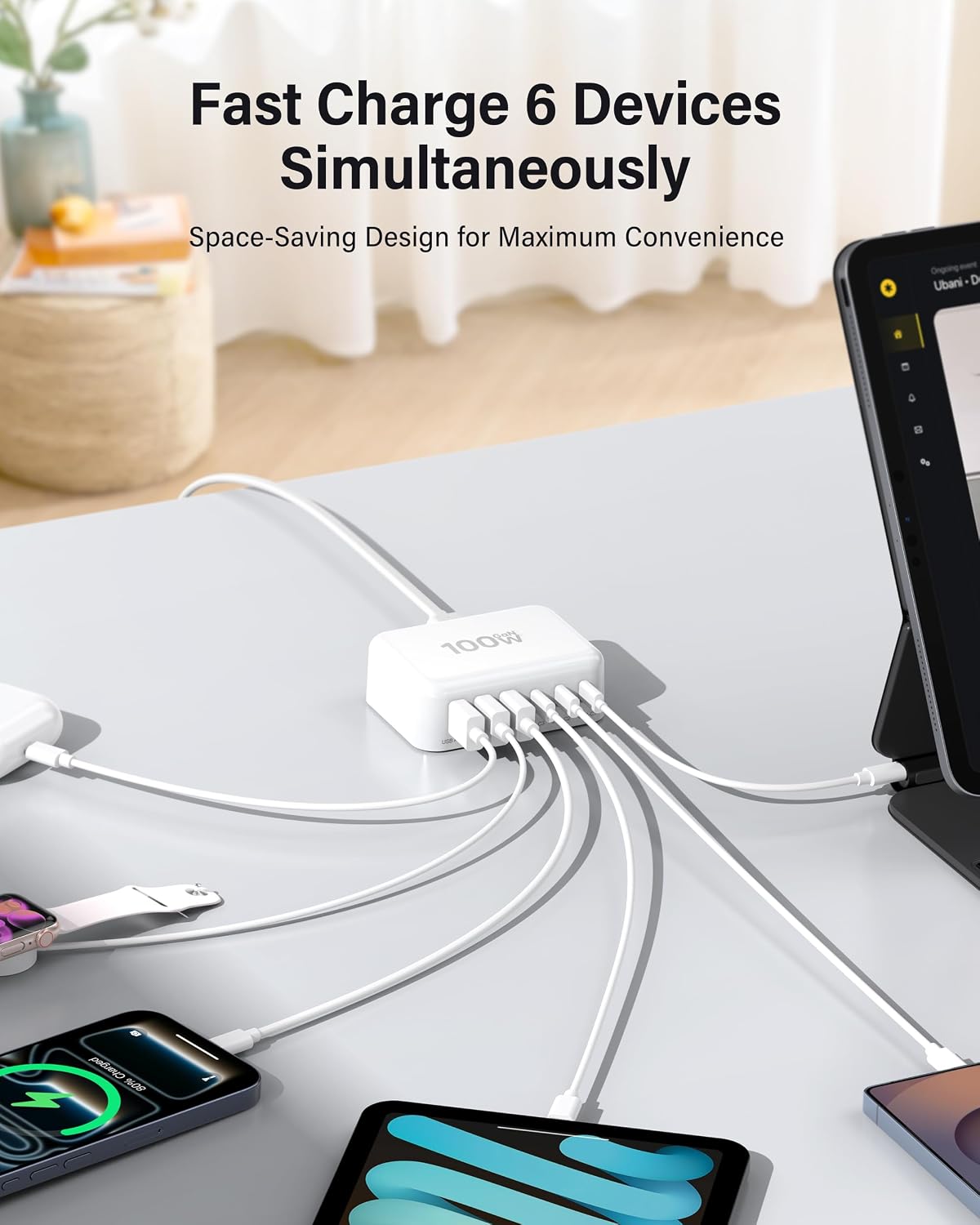 [2026 Updated] USB C Fast Charger, 100W GaN 6 Port Type C Charging Station Hub Block Cube, USB C Wall Charger Power Strip Adapter Plug for iPad iPhone 17 16 15 14 Pro Max Pixel Note Galaxy, 5ft Cord
