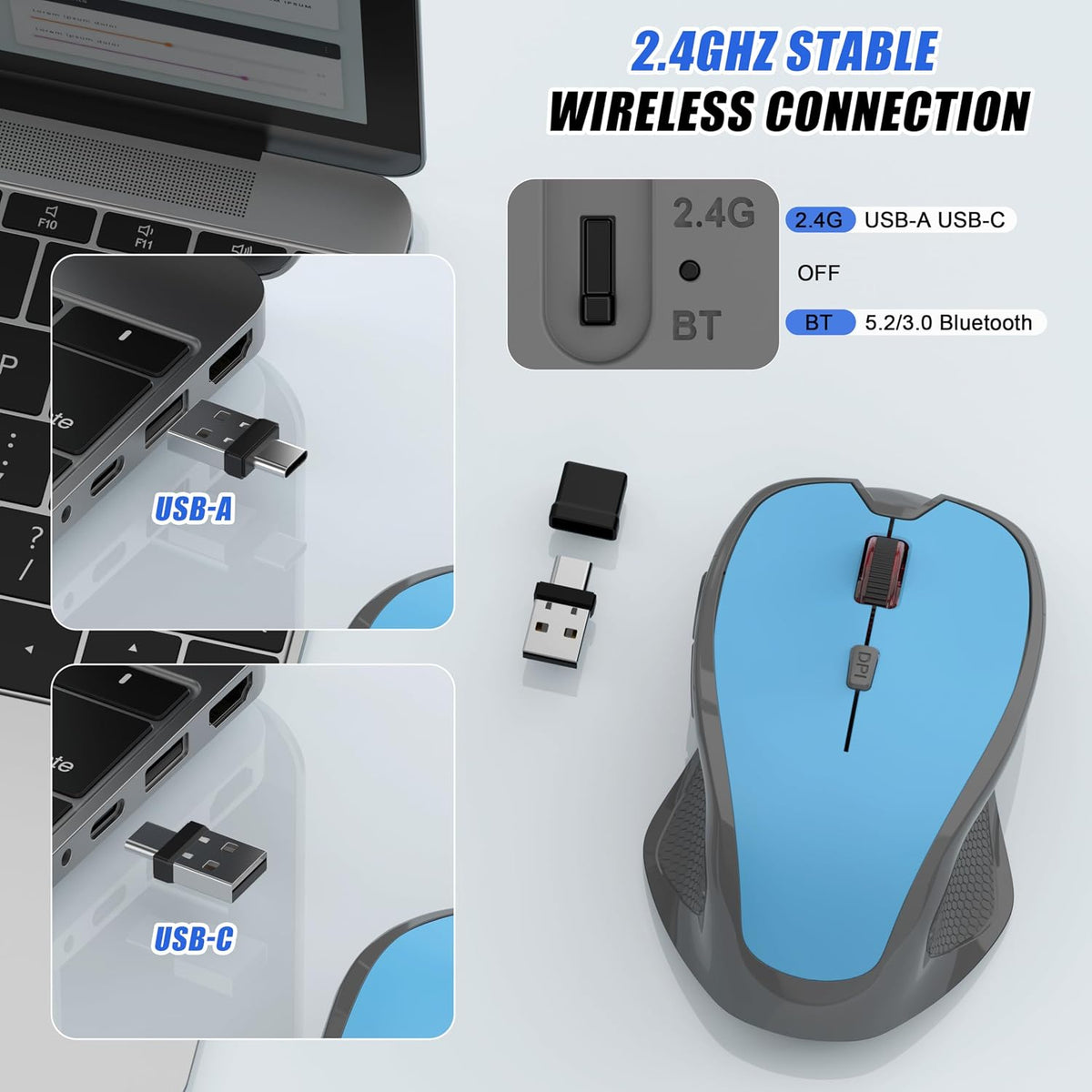 Wireless Bluetooth Mouse for iPad Pro MacBook, Ergonomic Rechargeable Mice with Jiggler Mode, 2-Mode Bluetooth 5.2/3.0 & 2.4G USB-A/USB-C Receiver, Silent Optical Mouse for Mac PC Laptop, Blue