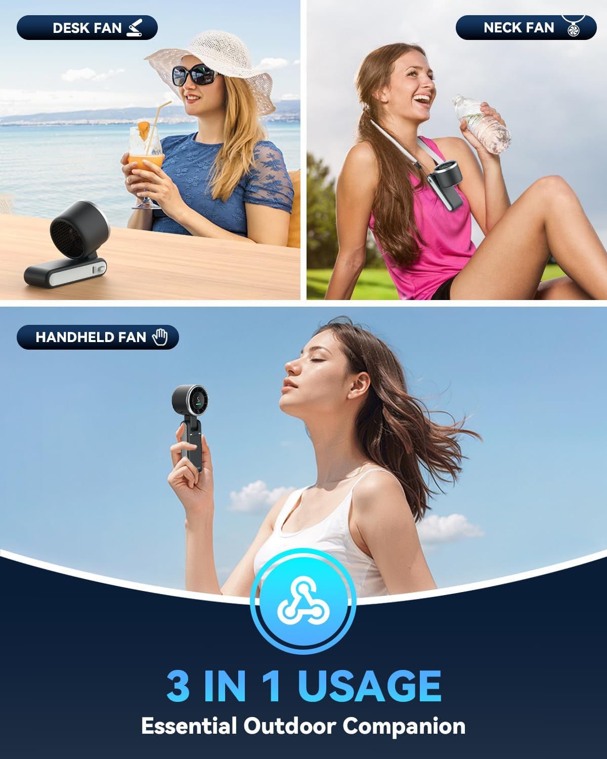 PlayHot Portable Handheld Turbo Fan, Travel Essentials, Gifts for Women/Men | 5-Speed, Up to 12H, 10m/s Airflow, USB-C Rechargeable, LED Display, 3-in-1 Foldable Personal Fan for Cruise, Beach, Vacation