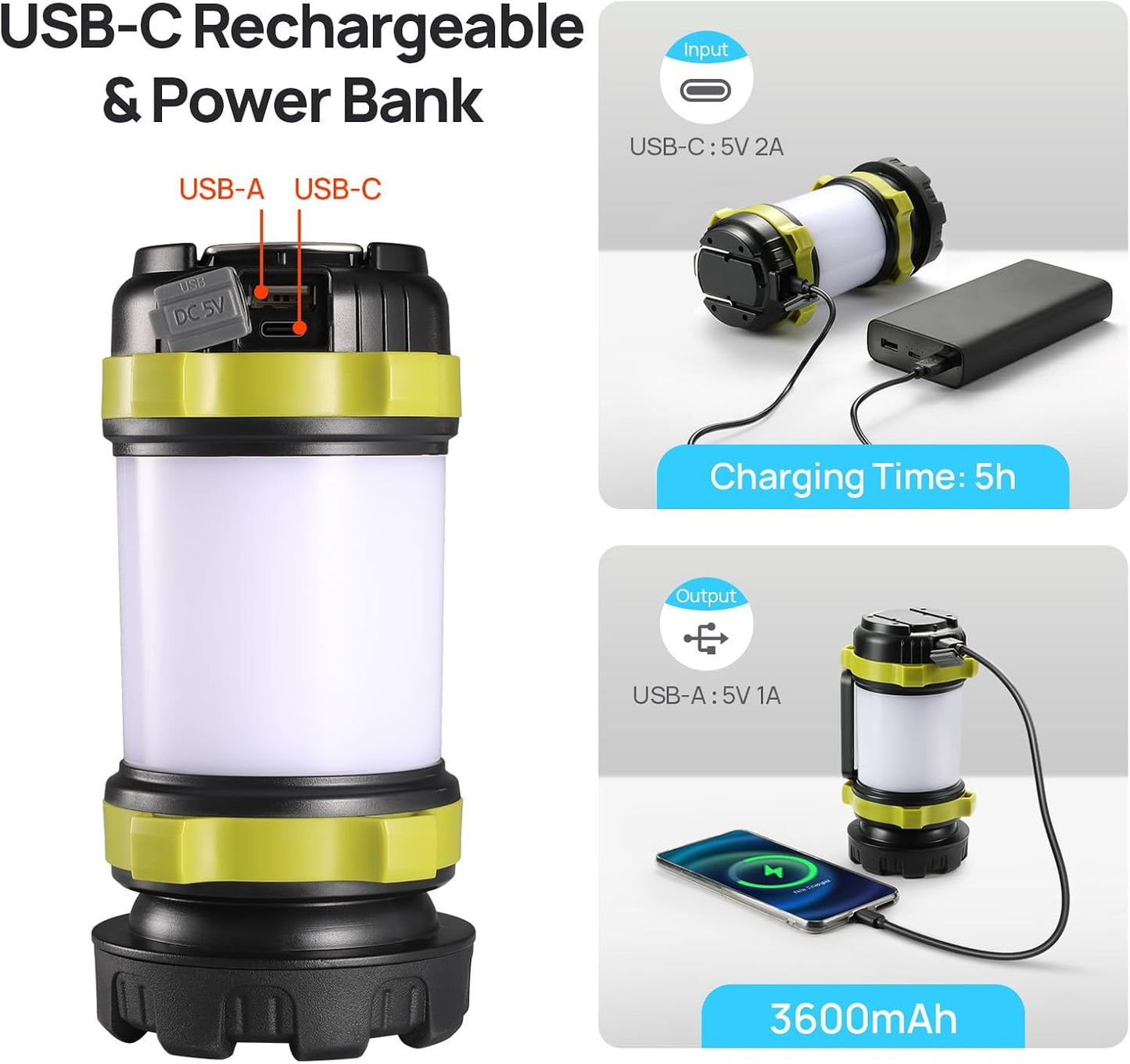 Consciot 2 Pack LED Camping Lantern Flashlight Rechargeable, 6 Light Modes | 3600mAh Portable Battery Pack, IPX4 Waterproof Camping Lights, USB C, Torch for Hurricane, Emergency, Survival Kits