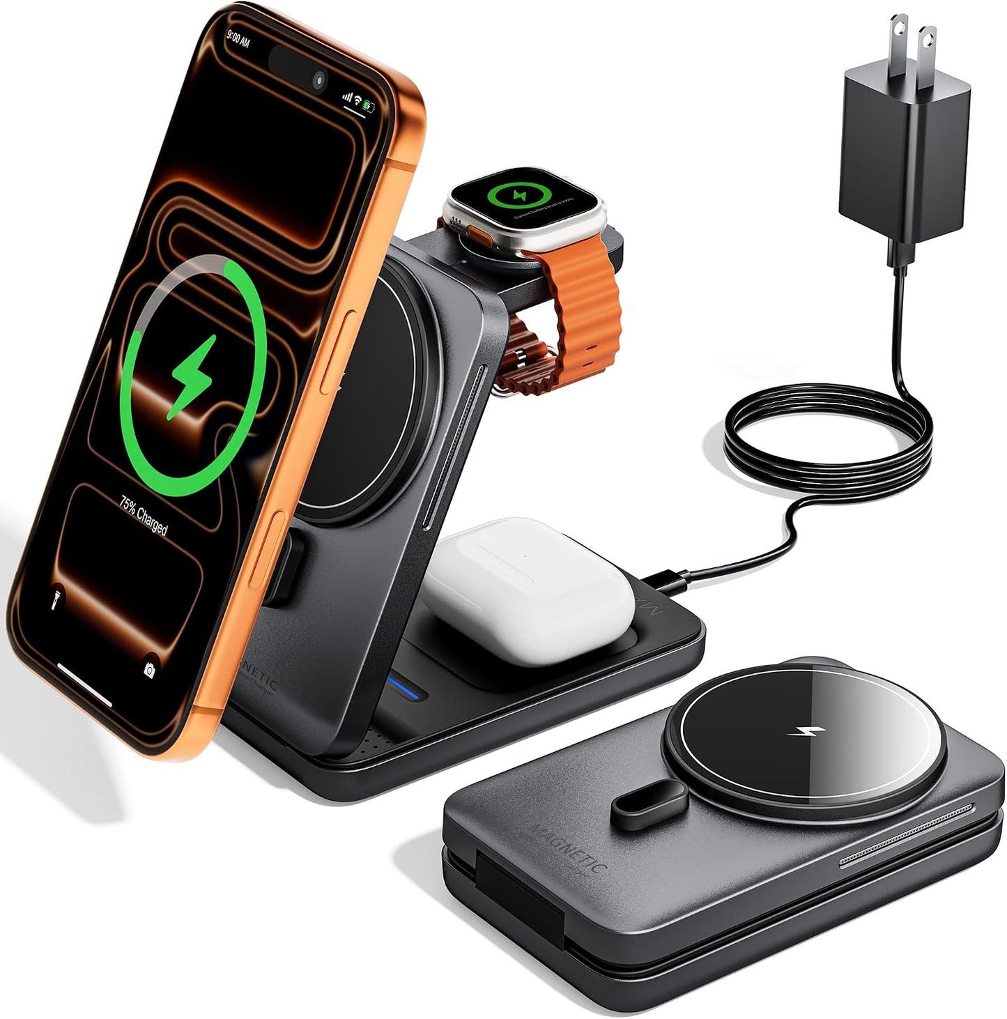 Foldable 3in1 Charging Station for Magsafe, Travel Phone and Watch Charger for Apple, PD20W Wireless Charging Dock for Multiple Devices iPhone 17 16 15 14 13 12 Series/Apple Watch/Airpods