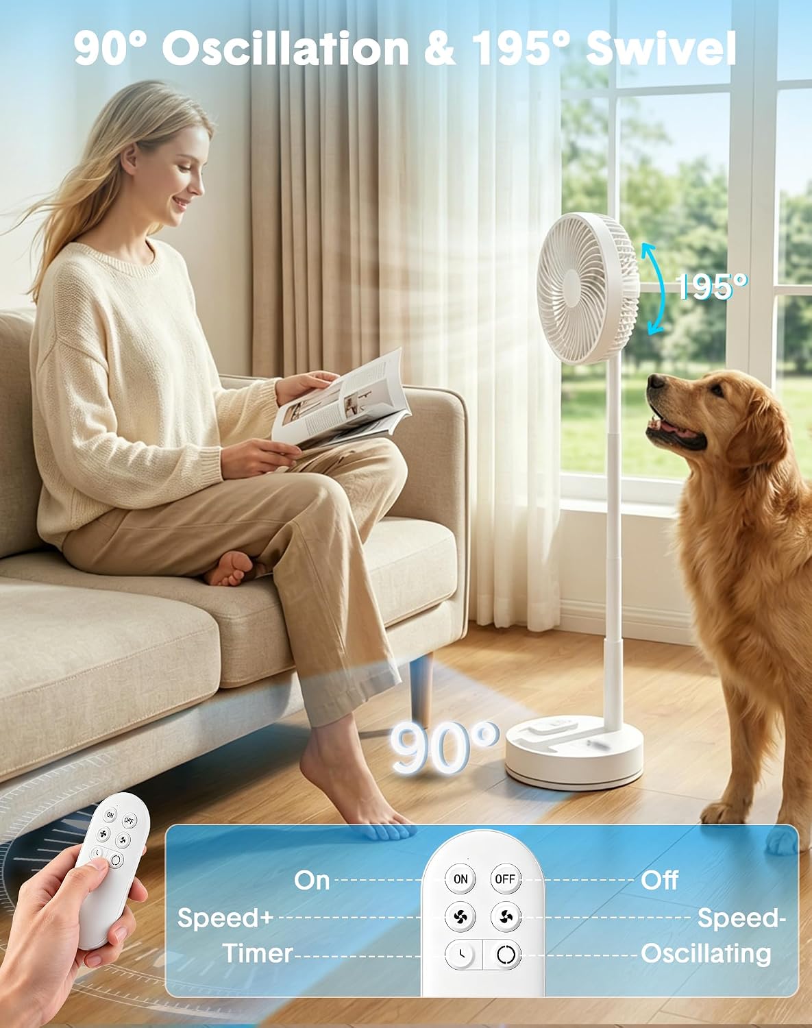 Portable Rechargeable Oscillating Travel Fan - 8" 8000mah Battery Operated | USB Standing Quiet Fans for Bedroom, Remote Folding Pedestal Floor Foldable Ventilador, Cruise Camping Table Desk Room, White