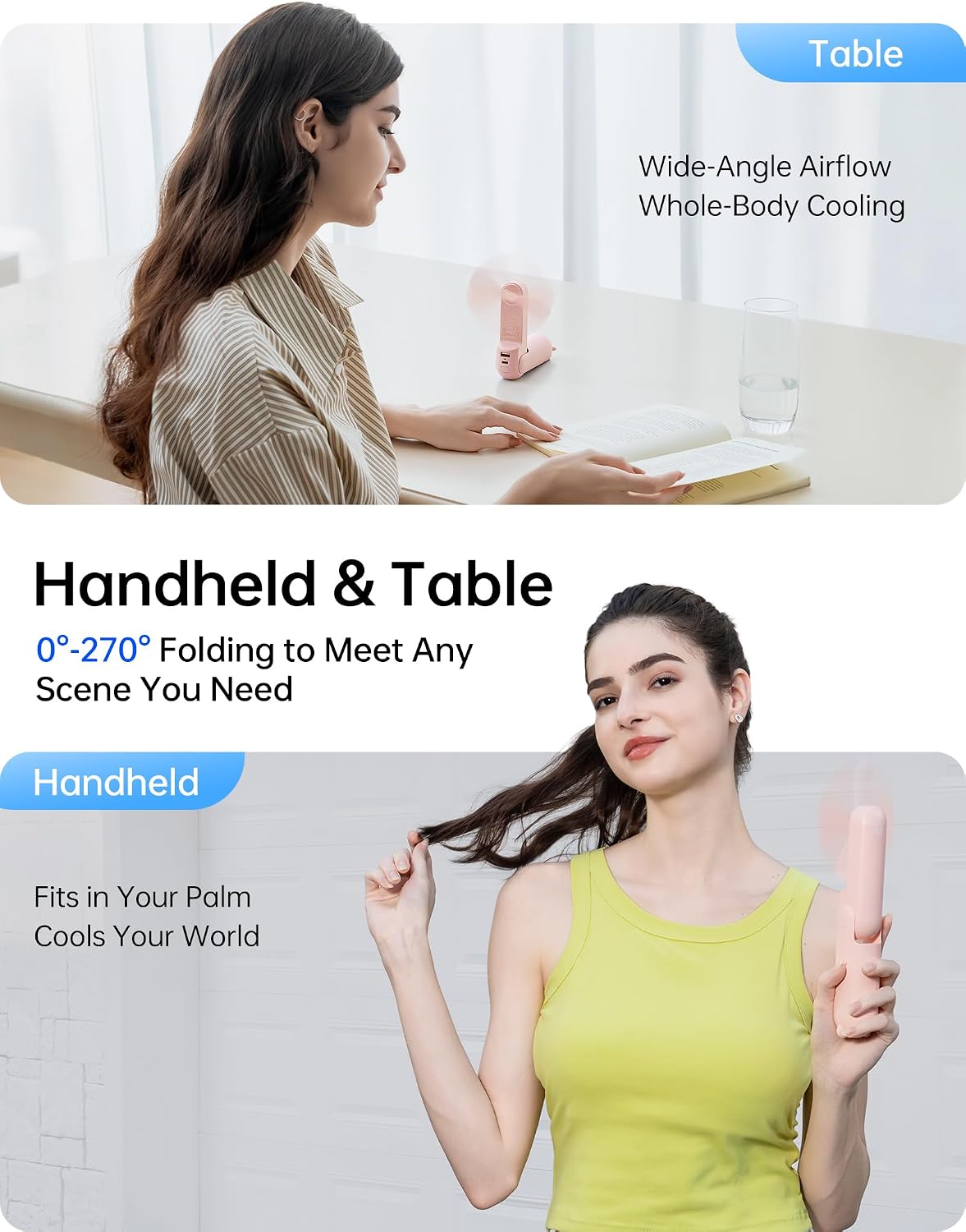 JISULIFE Handheld Fan 8 Plus: 40H Cooling & 4500mAh PowerBank & Flashlight | USB Rechargeable, Portable Pocket Size for Travel, Makeup, Concerts, Summer Gifts for Women(Pink)