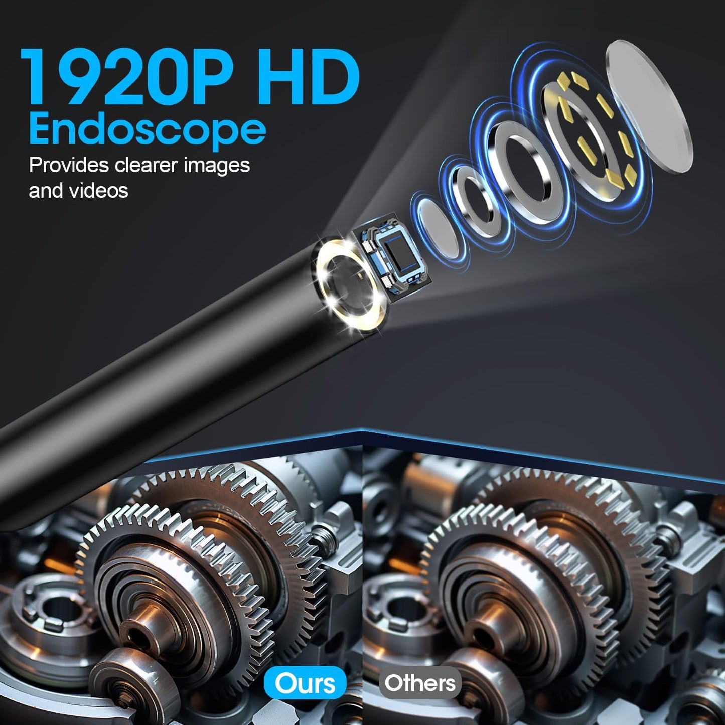 Endoscope with Light, 1920P HD Borescope with 8 Adjustable LED Lights, Semi-Rigid Snake Camera, IP67 Waterproof Inspection Tool (9.8ft, Black Harness + Single Lens)