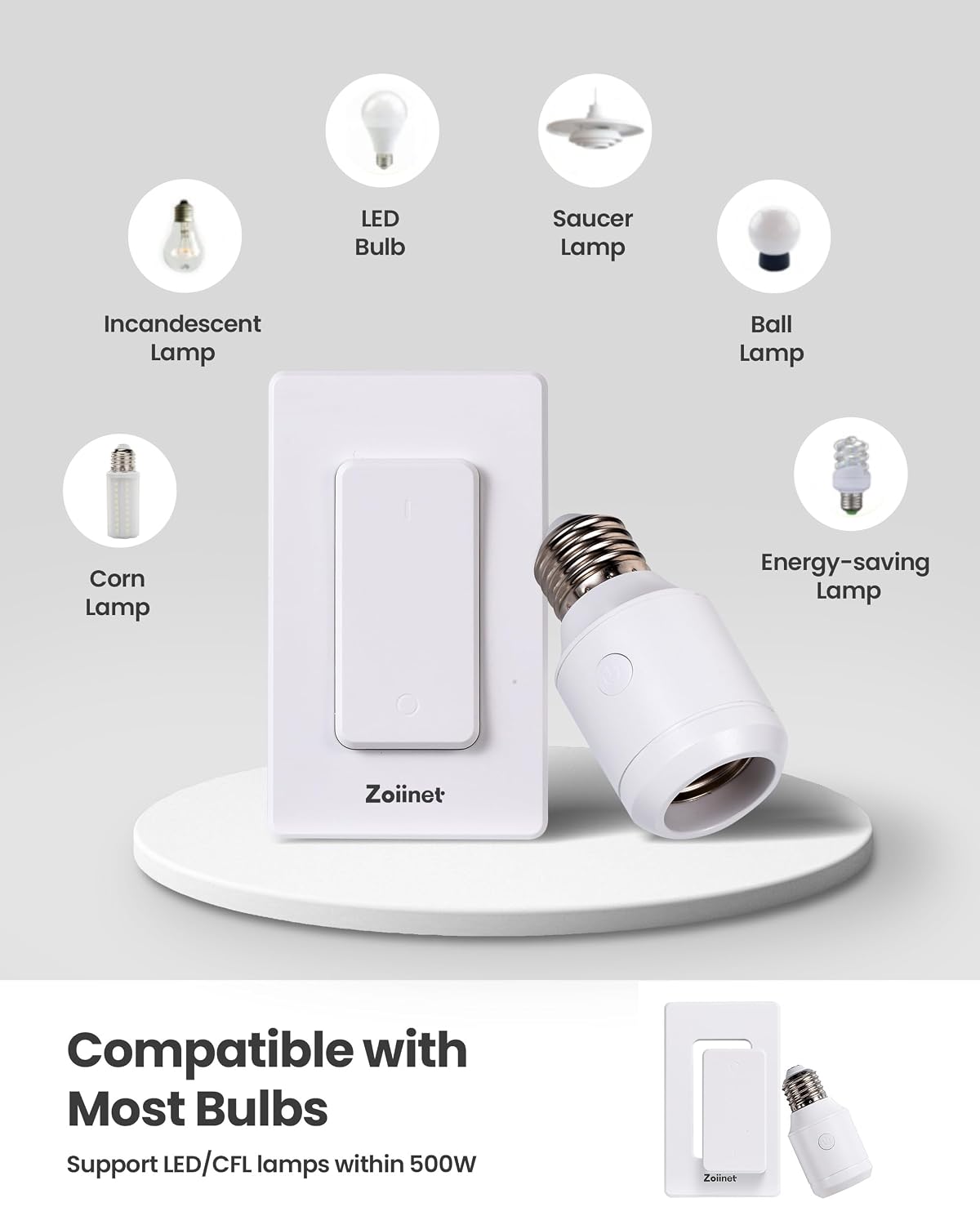 Zoiinet 500W Remote Control Light Bulb Socket, Wireless Light Switch for Pull Chain Lighting Fixture, E26 E27 Bulbs Base Holder, Programmable, No Wiring Needed, for Bedroom, Stair, Closet & Garage