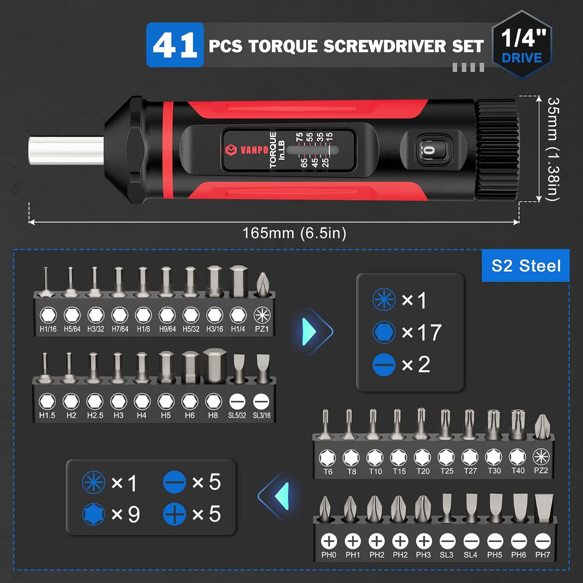 VANPO Torque Screwdriver 15-75 in-lb, 1/4" Drive Precision Driver Set | Inch Pounds Torque Wrench, 40 S2 Steel Bits for Gunsmithing, Bike Repair, Scope Mounting, Maintenance, DIY
