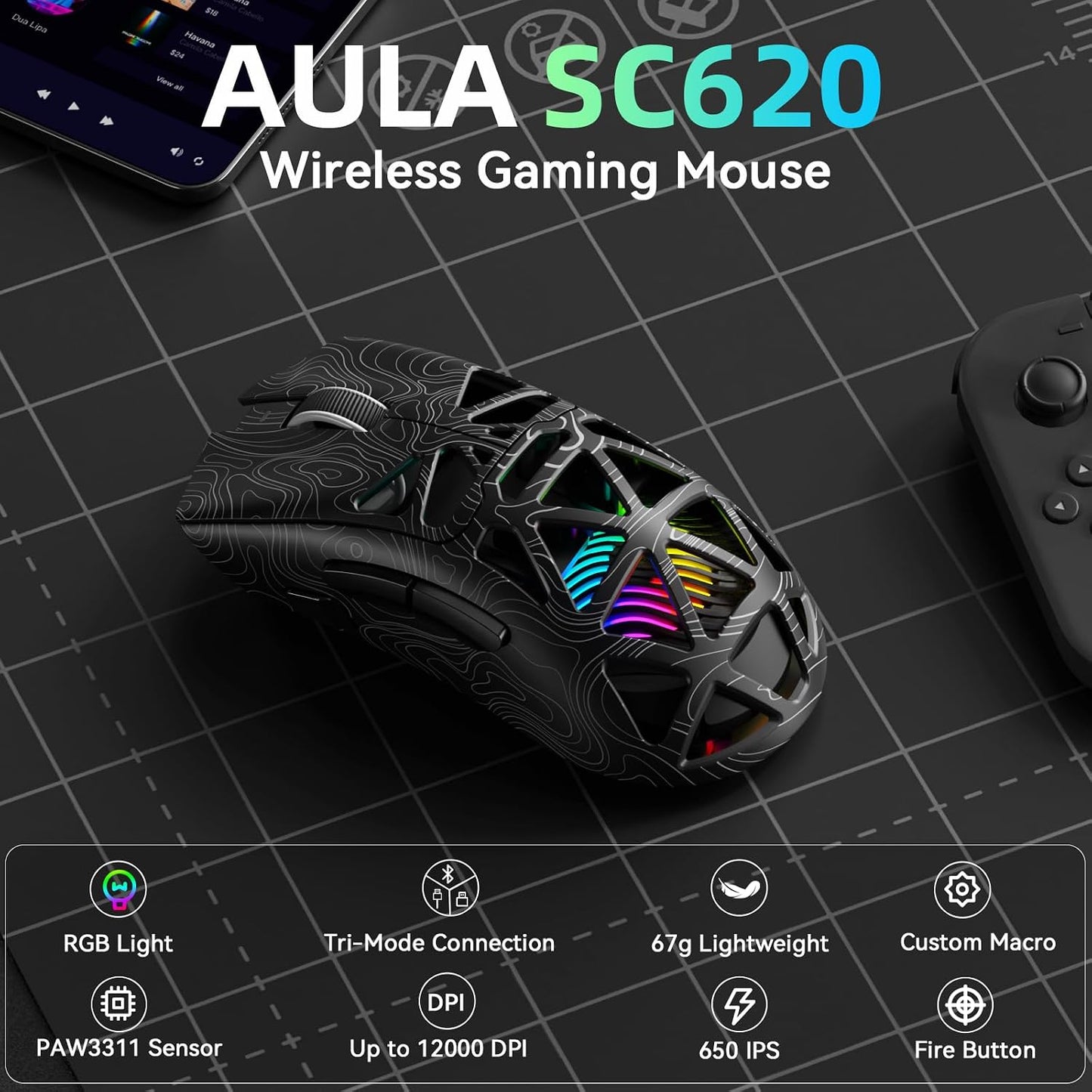 Aula SC620 Wireless Gaming Mouse, Tri-Mode 2.4GHz/USB-C/BT5.3 Computer Mouse with 12000 DPI, Programmable Macro Gamer Mouse with Rapid Fire Key, RGB Light Gaming Mice for PC/Laptop/Mac