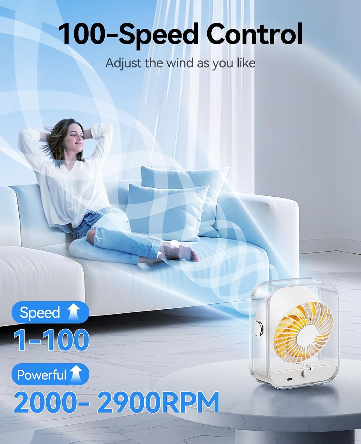 KIMMOO USB Desk Fan, Quiet Table Fan with Turbo Airflow, 100 Speeds, Digital Display, 90° Rotating, Small Rechargeable Battery Desktop Fans for Bedroom Home Office Travel, Ivory