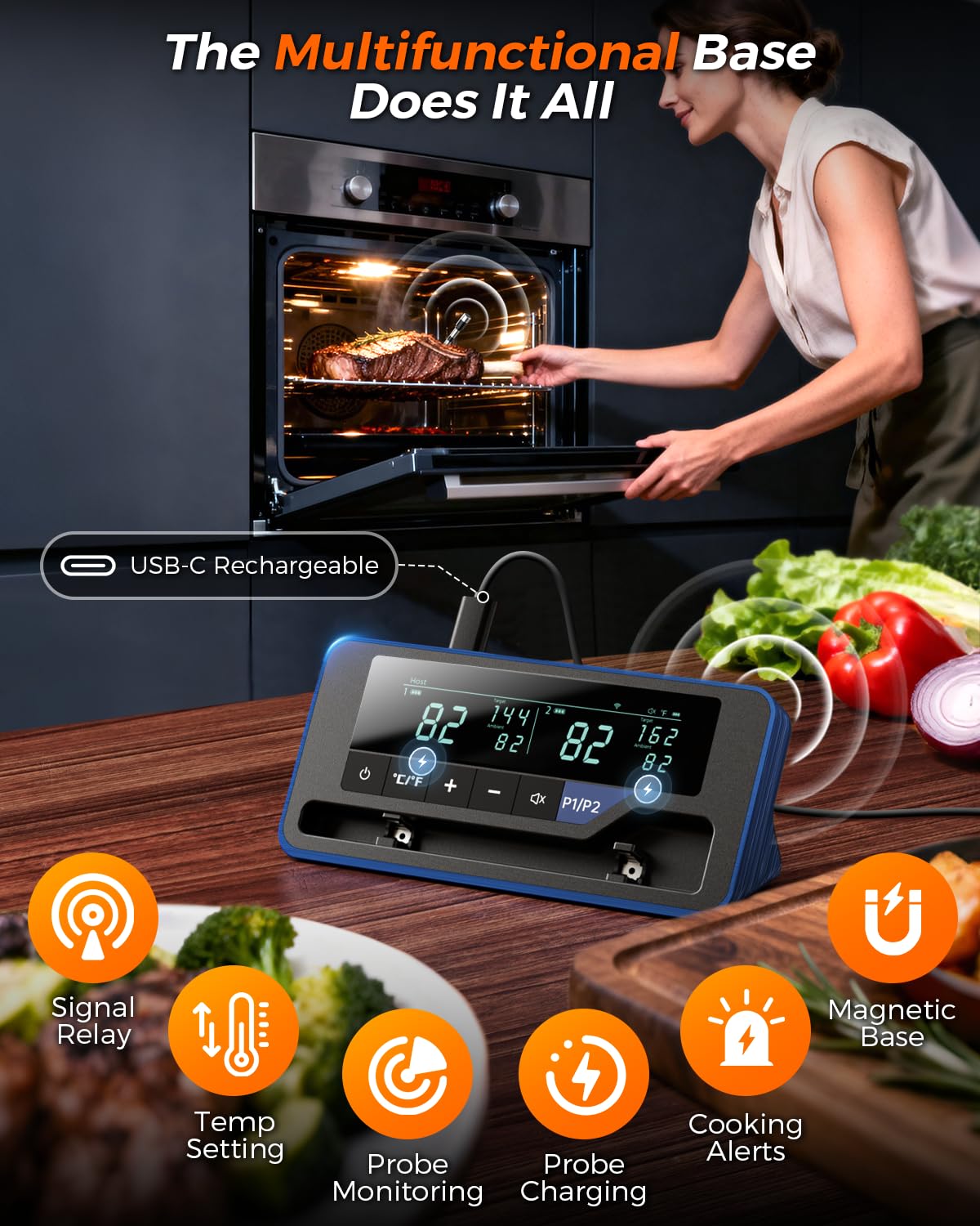 2025 AI Wireless Meat Thermometer, Smart Bluetooth Meat Thermometer Digital, ±0.5°F High Accuracy, Grill Temperature Probe for BBQ, Grilling, Smoker, Oven, Cooking, Air Fryer, 1 Probe