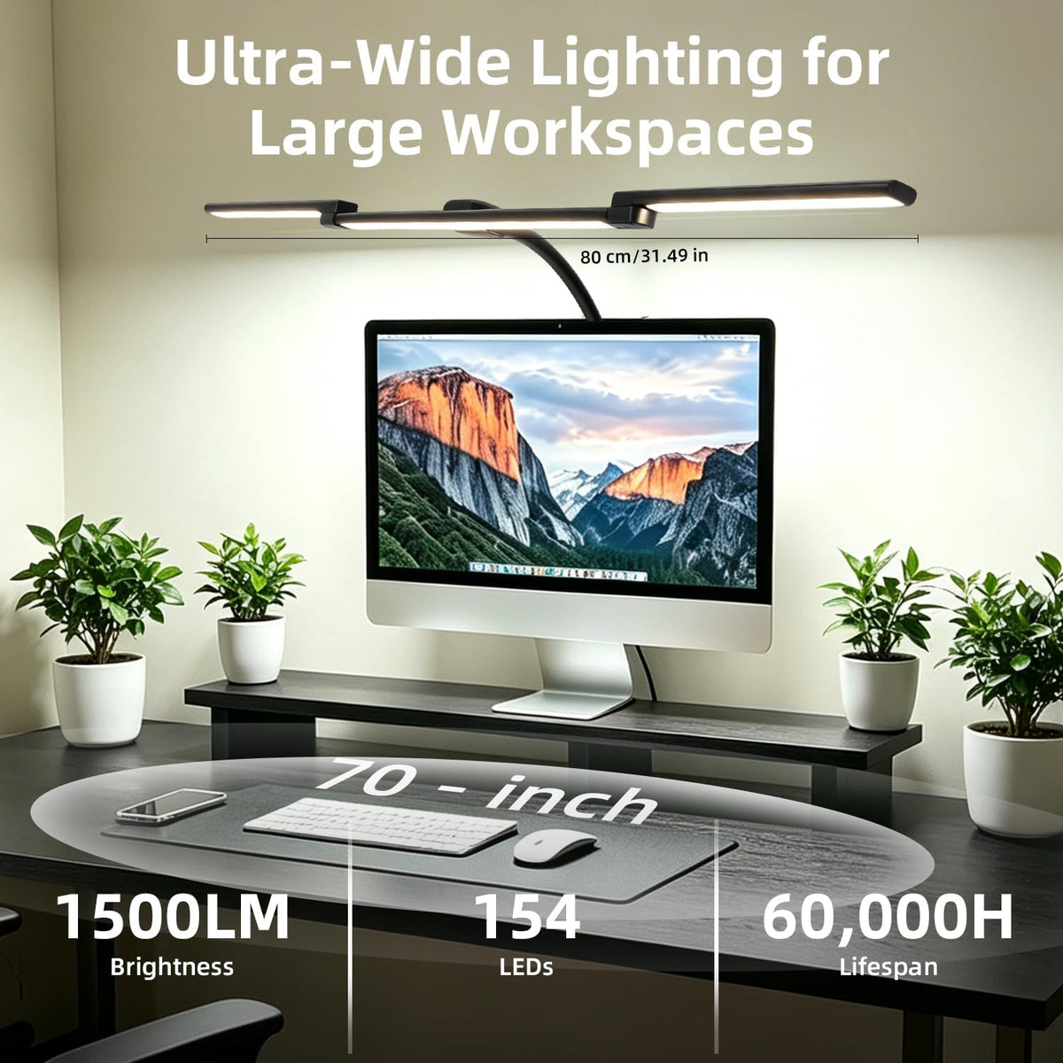 LED Desk Lamp with Clamp for Home Office, Wide Light for Dual Monitors
