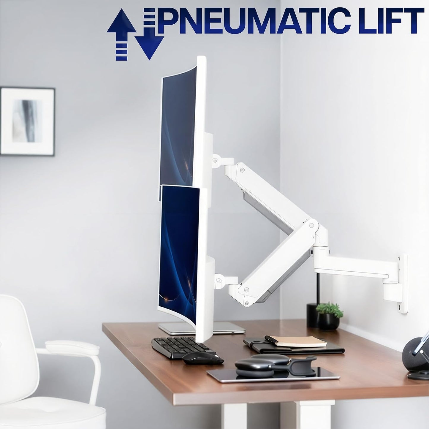 VIVO Premium Aluminum Heavy Duty Monitor Arm for Ultrawide Screens up to 49 inches and 44 lbs, Single Wall Mount, Pneumatic Height, Max VESA 100x100, White, MOUNT-V101G1W