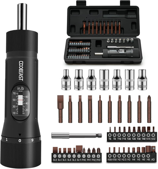 coobeast 49Pcs Preset 1/4” Drive Torque Screwdriver with S2 Bits | Torque Wrench Screwdriver Set, for Maintenance,Tools,Bike Repairing,Mounting,Inch Pound Torque Range 10-70 In-lb