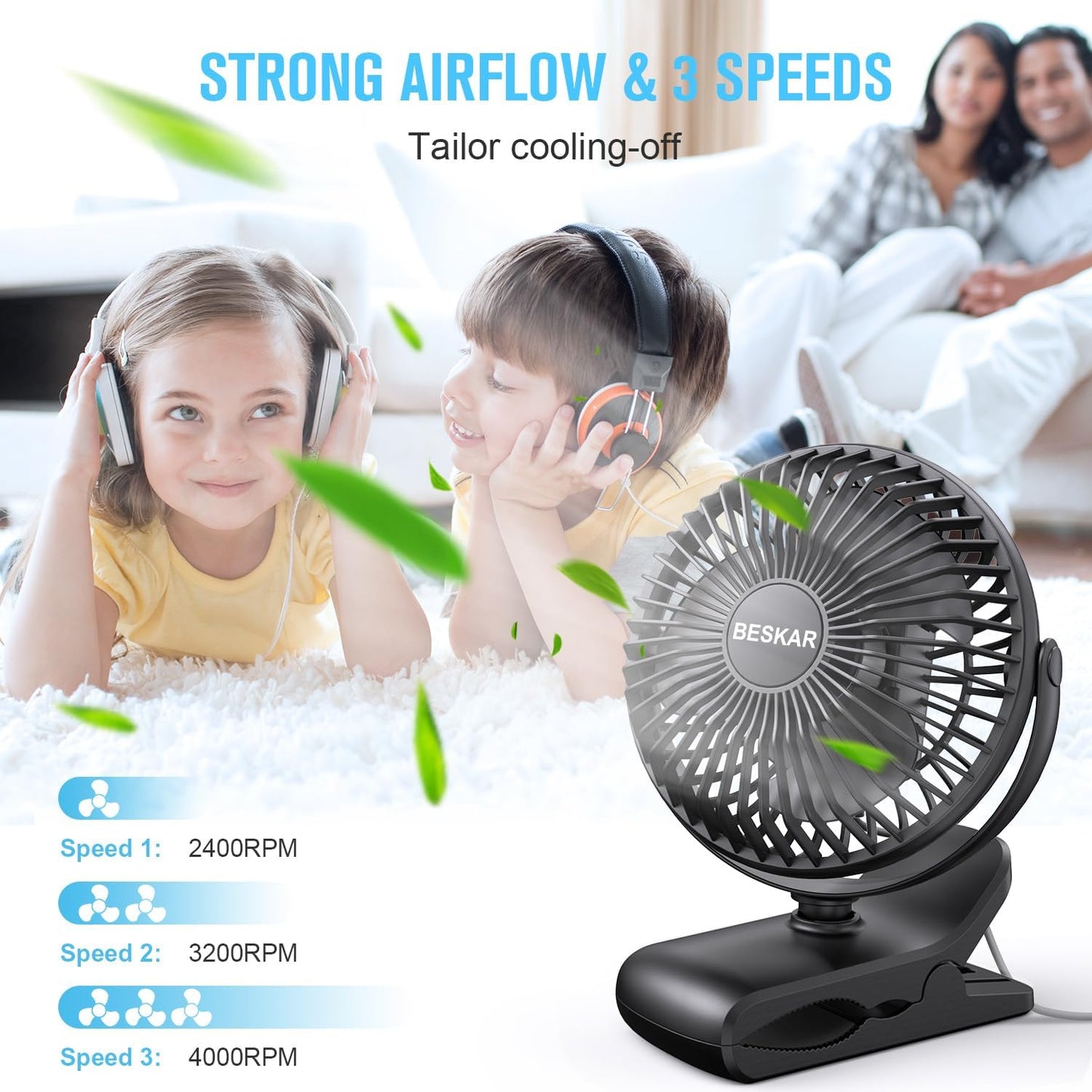BESKAR USB Clip on Fan, Portable Small Desk Fan with Cord Powered | 3 Speeds Strong Airflow, Sturdy Clamp, Ultra Quiet Personal Cooling Fan for Office Dorm Bedroom Stroller