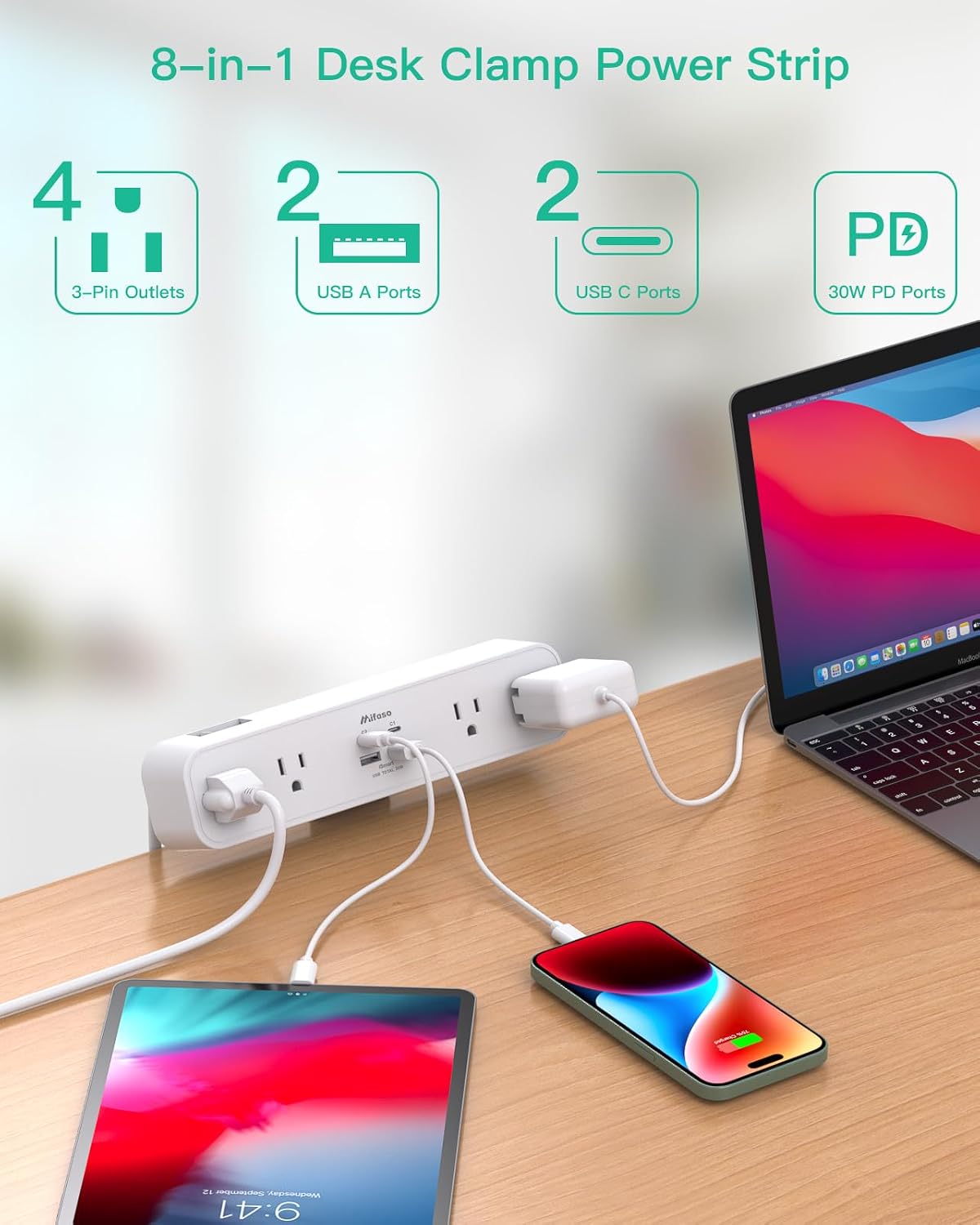 Mifaso PD30W Desk Clamp Power Strip, Surge Protector, Fast Charging Station | 4 Outlets, 4 USB (2 USB C), 5FT Extension Cord, Desk Organizer Gaming Accessories Office Essentials, Fits 1.96" Tabletop Edge